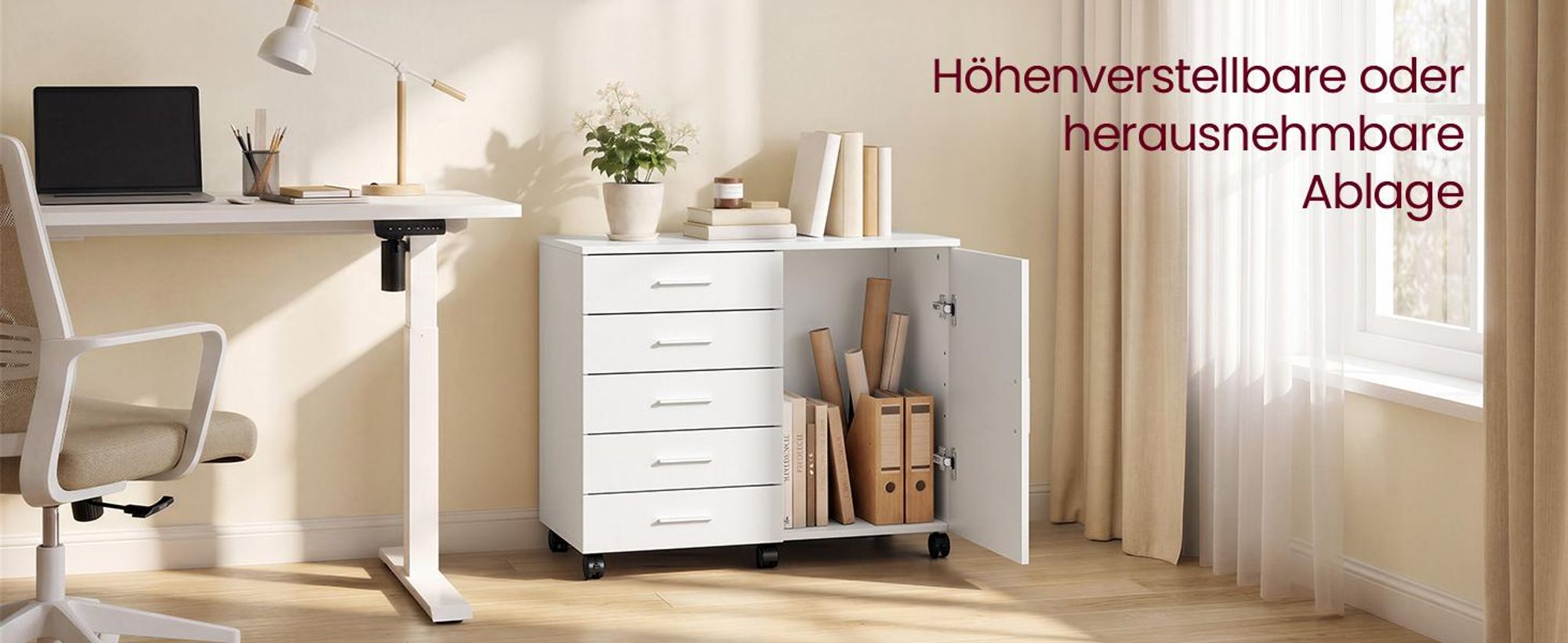 VASAGLE Rollcontainer, Aktenschrank, Schrank mit Tür, Druckerständer, 5 Schubladen, mit werkzeuglosen Gleitschienen, weiß