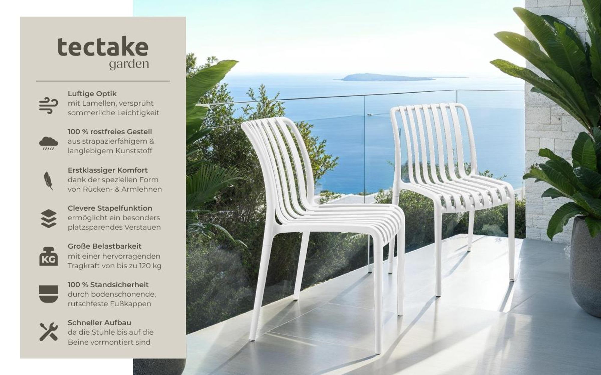 tectake® Gartenstühle Alcudia, wetterfest, stapelbar