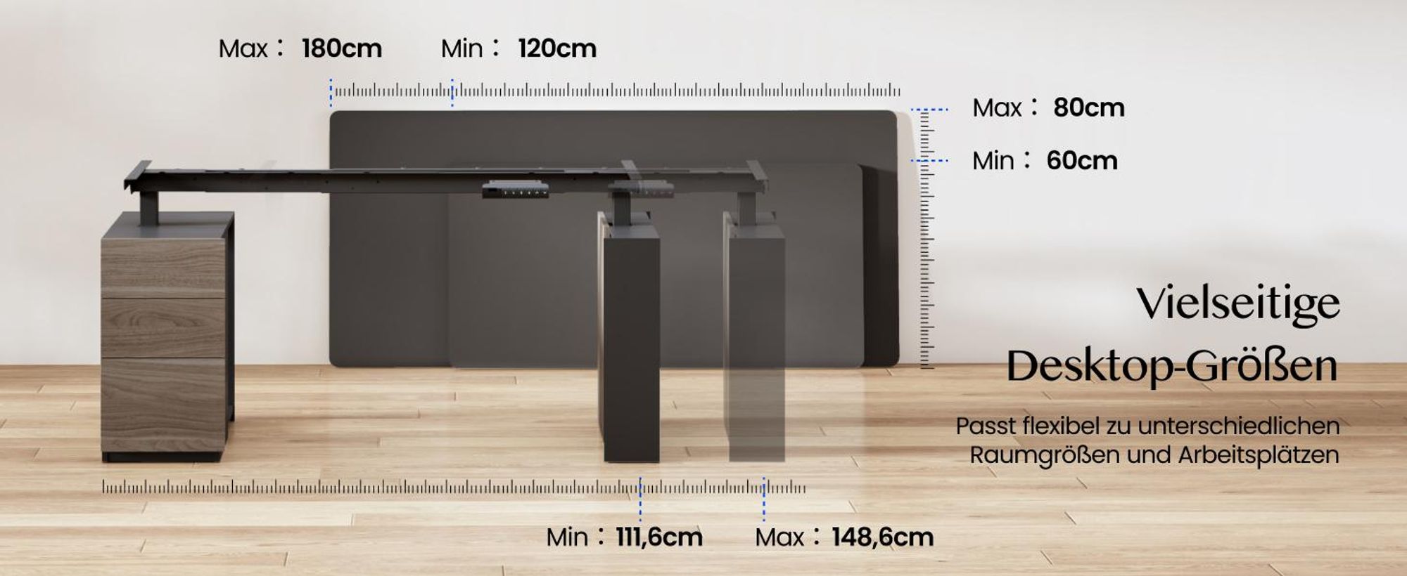 FLEXISPOT  Höhenverstellbarer Schreibtisch 160x80cm mit 2 Schränke, 2 Motoren, 25MM EINTEILIGE TISCHPLATTE, 120 kg Tragkraft, Kabelmanagement, Schwarz