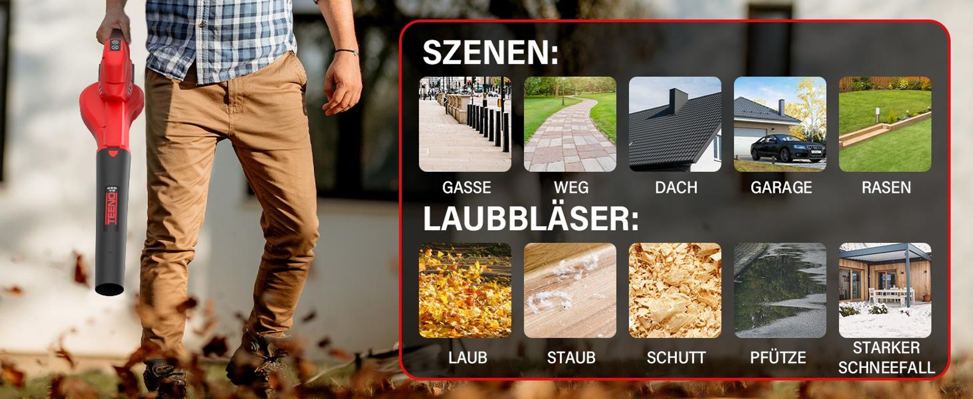 TEENO Akku Laubbläser, 6 Geschwindigkeitsstufen, 2 x 4Ah Akku und Ladegerät, 210 km/h Luftgeschwindigkeit, abnehmbares Blasrohr, geneigte Düse