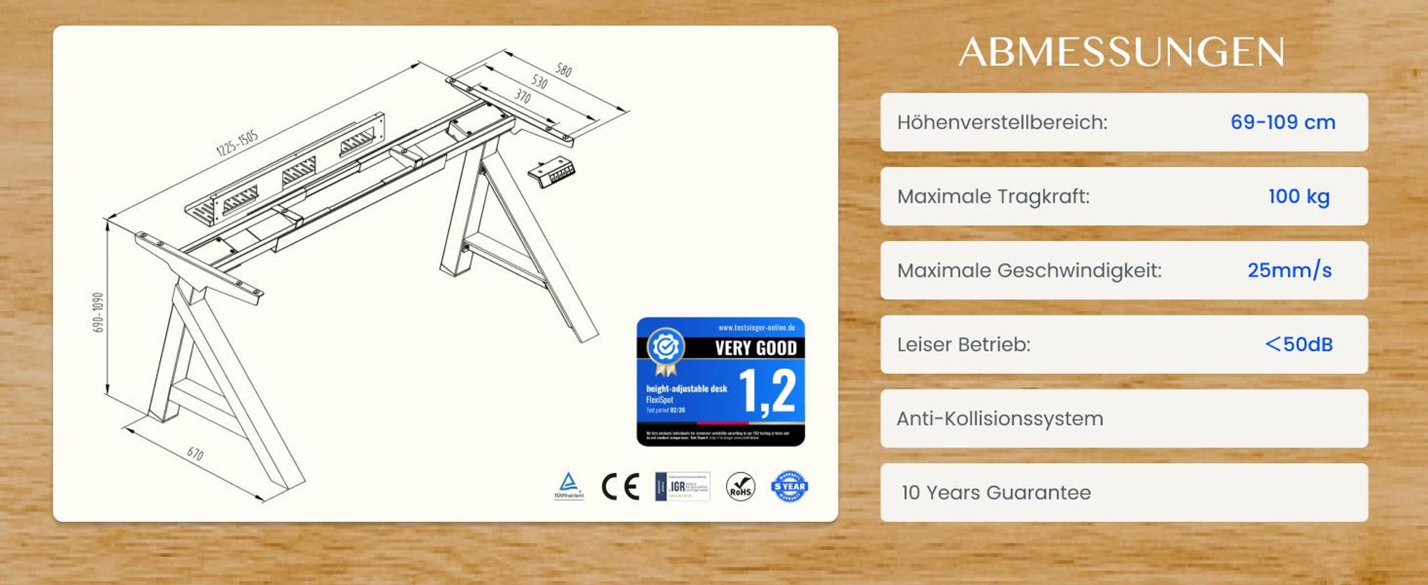 FLEXISPOT WoodiX Höhenverstellbarer Schreibtisch Elektrisch, A-förmiges Gestell, Massivholz-Beinverkleidung, Doppelmotor, Kabelmanagement, Weiß