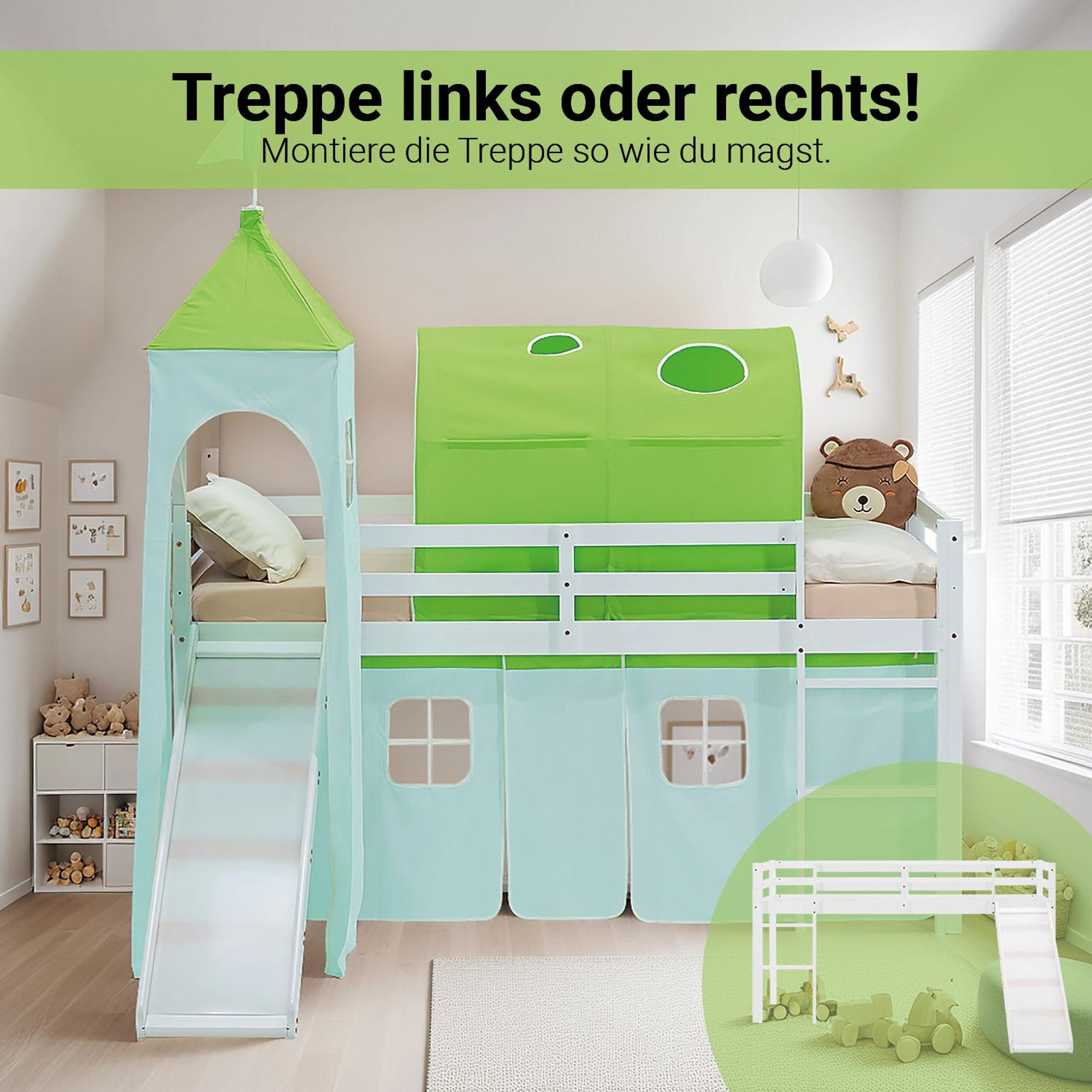 Die Rutsche vom Bett ist links oder rechts montierbar.
