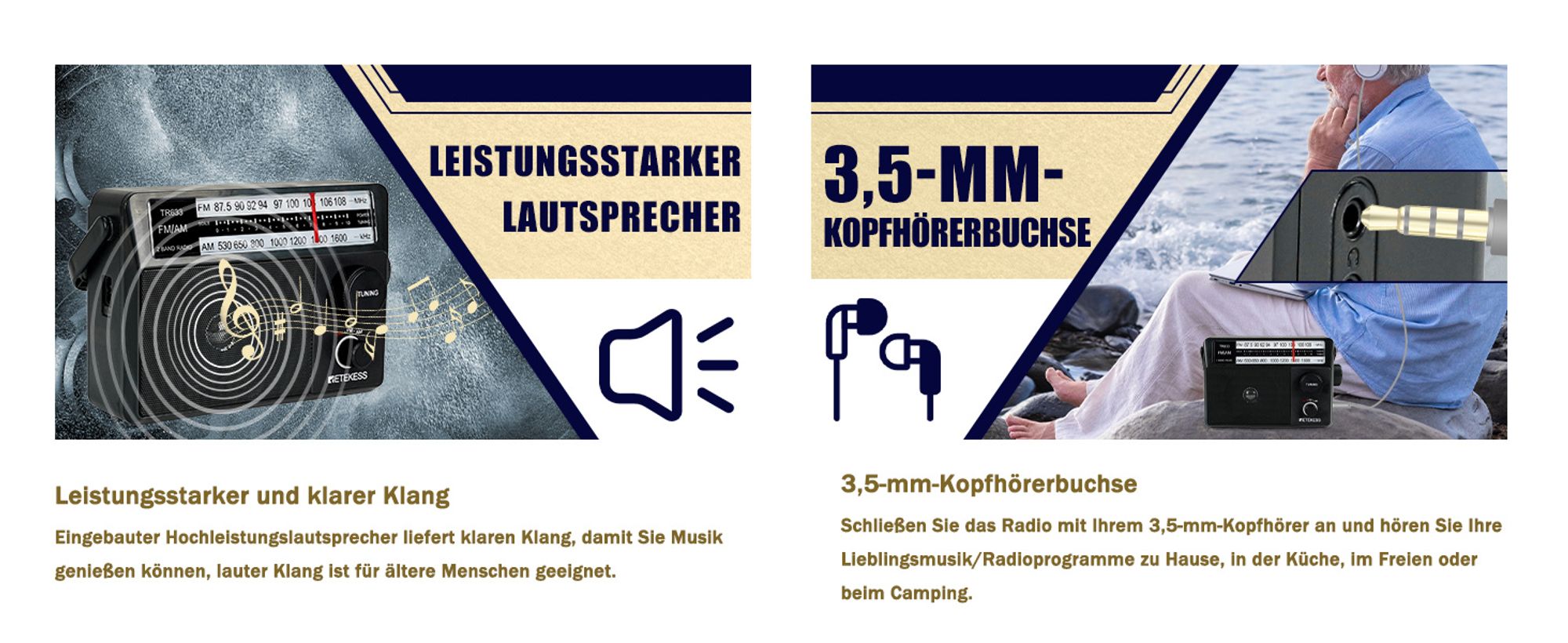 Retekess TR633 Tragbares Radio, Kofferradio mit AM FM, Netze und Batterie, Kopfhörerbuchse, Großer Lautsprecher, Geschenke für ältere Menschen