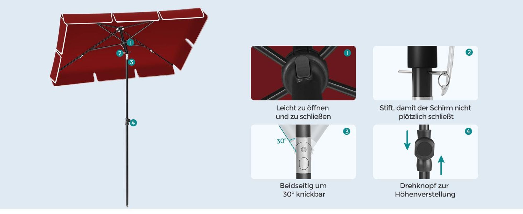 SONGMICS Sonnenschirm 200 x 125 cm UPF 50+ Sonnenschutz