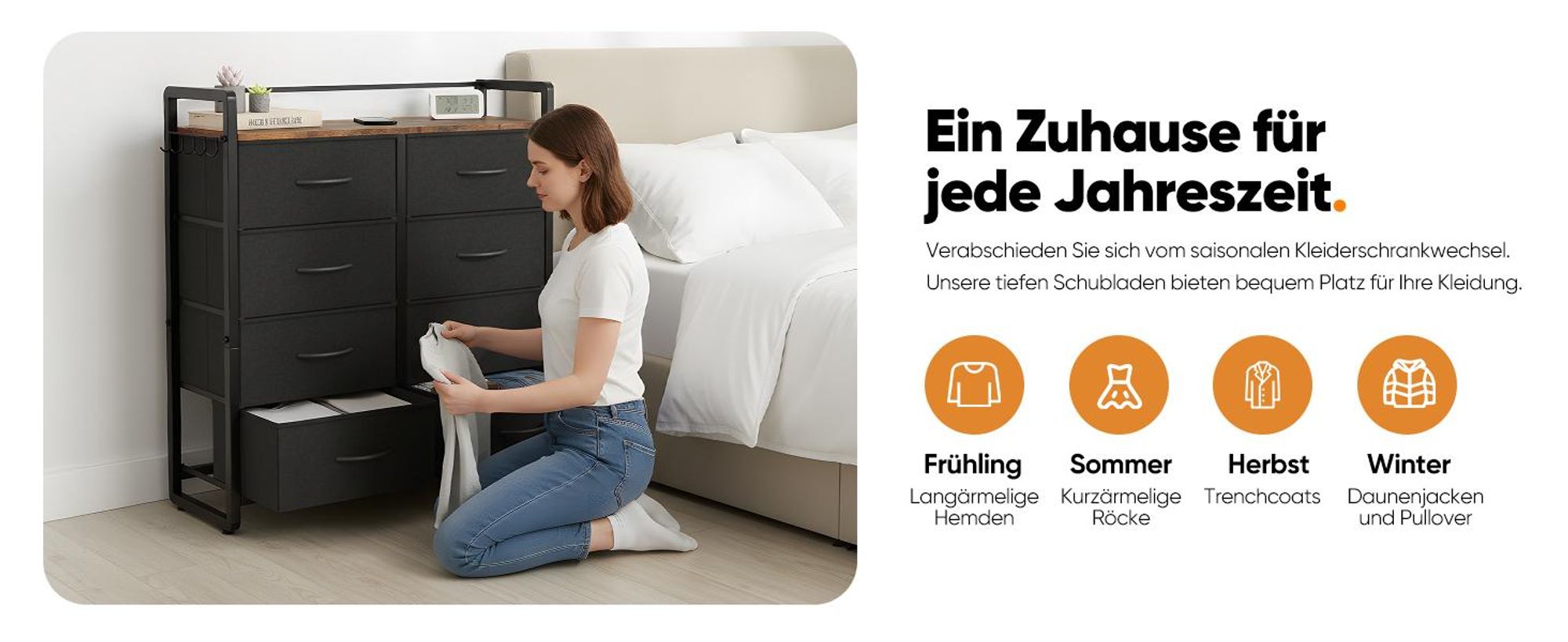 HOKEEPER Kommode, Schrank mit 8 Schubladen aus Stoff, Komodenschrank Schlafzimmer mit Holzplatte, Sideboard, Chest of Drawers Flurschrank
