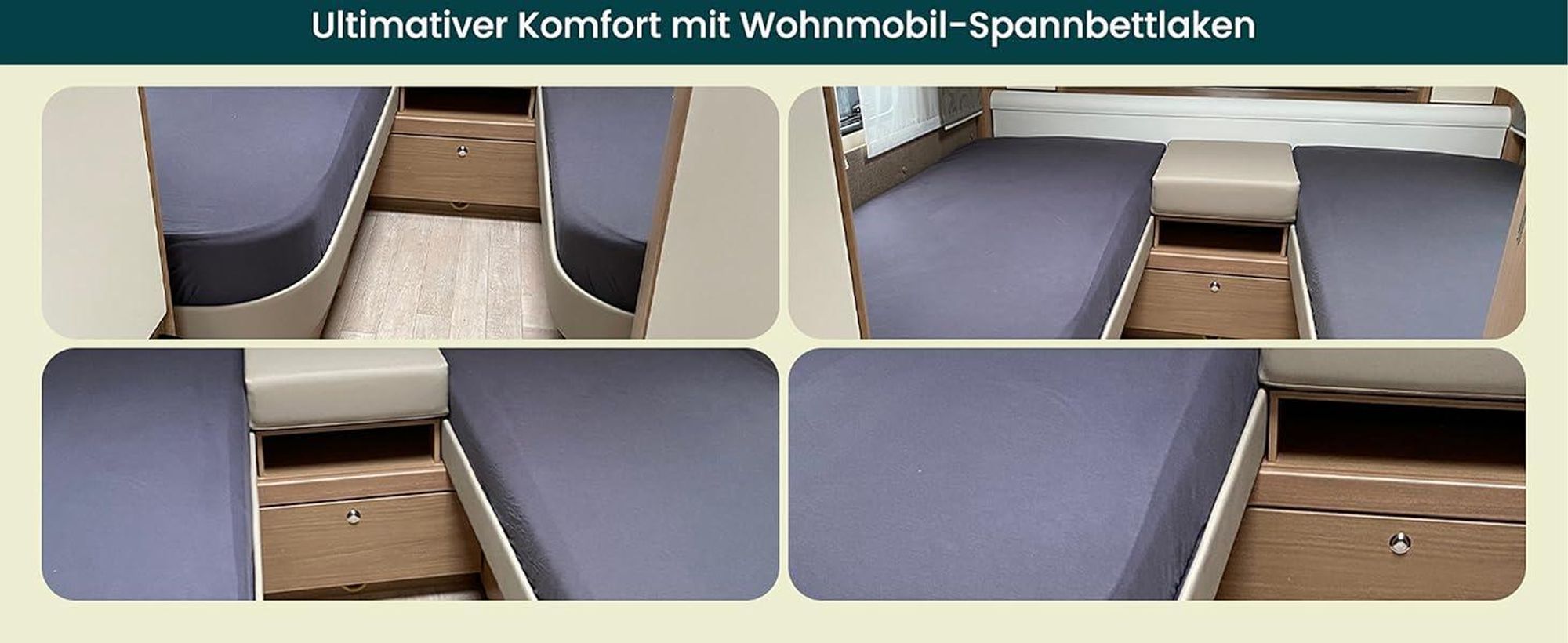 Praktische Fotos, die das Spannbettlaken auf einer Wohnmobilmatratze zeigen.