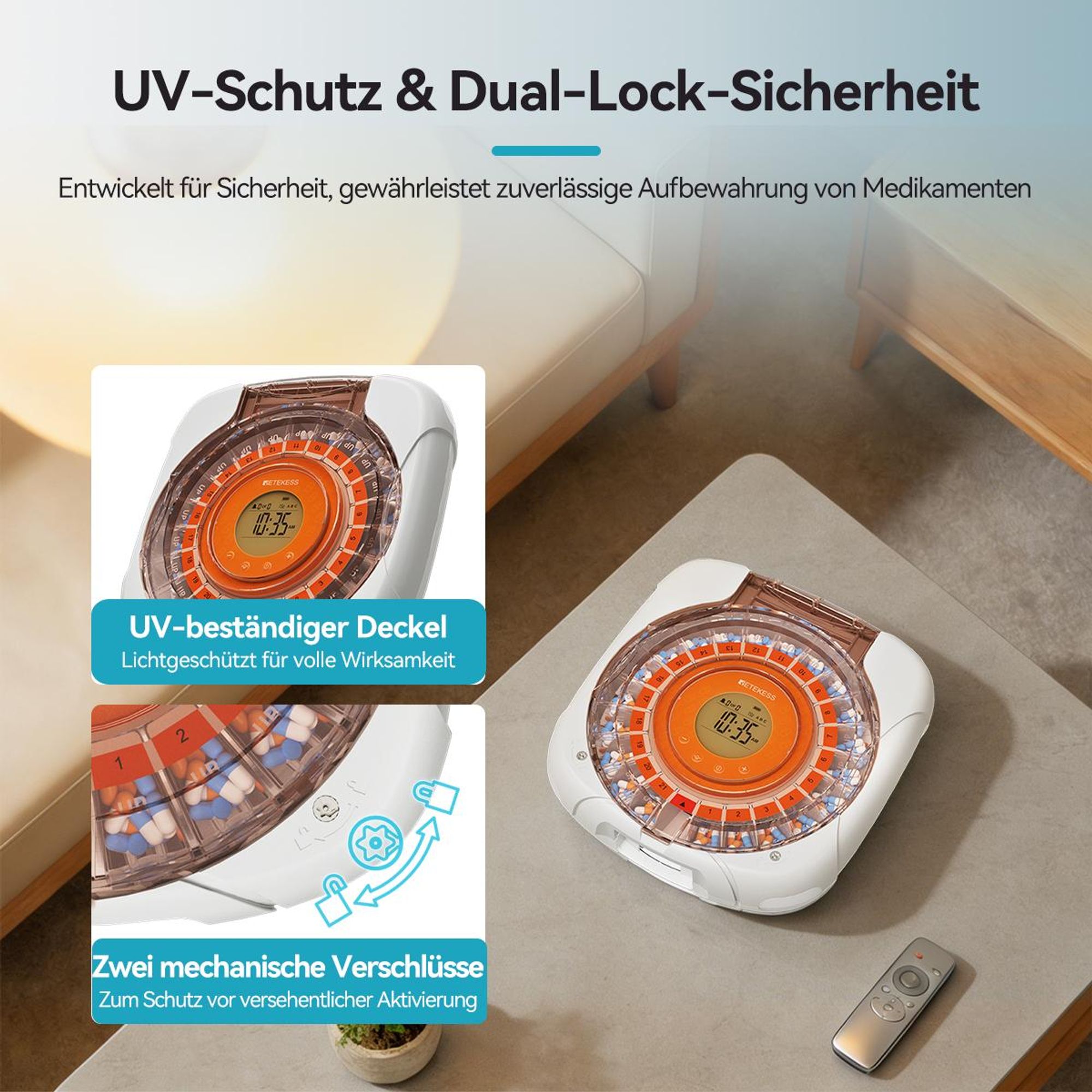Retekess TH017 Smart Pillenbox, automatischer Tablettenausgabe, LCD-Display, Klingeltöne, Power-off-Speicherfunktion, für Haushalte, Senioren
