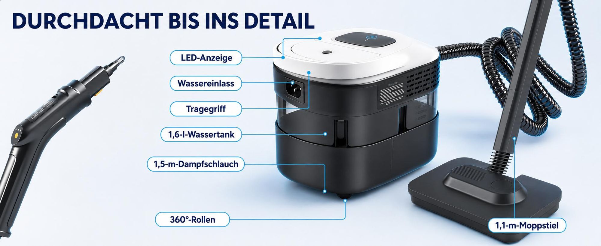 2500W Hand Dampfreiniger für alles mit 15 Zubehör, 4.5bar Dampfdruck 1,6L Tank,Mehrzweck-Dampfgarer, Tragbarer Steam Cleaner für Fenster, Küche, Boden