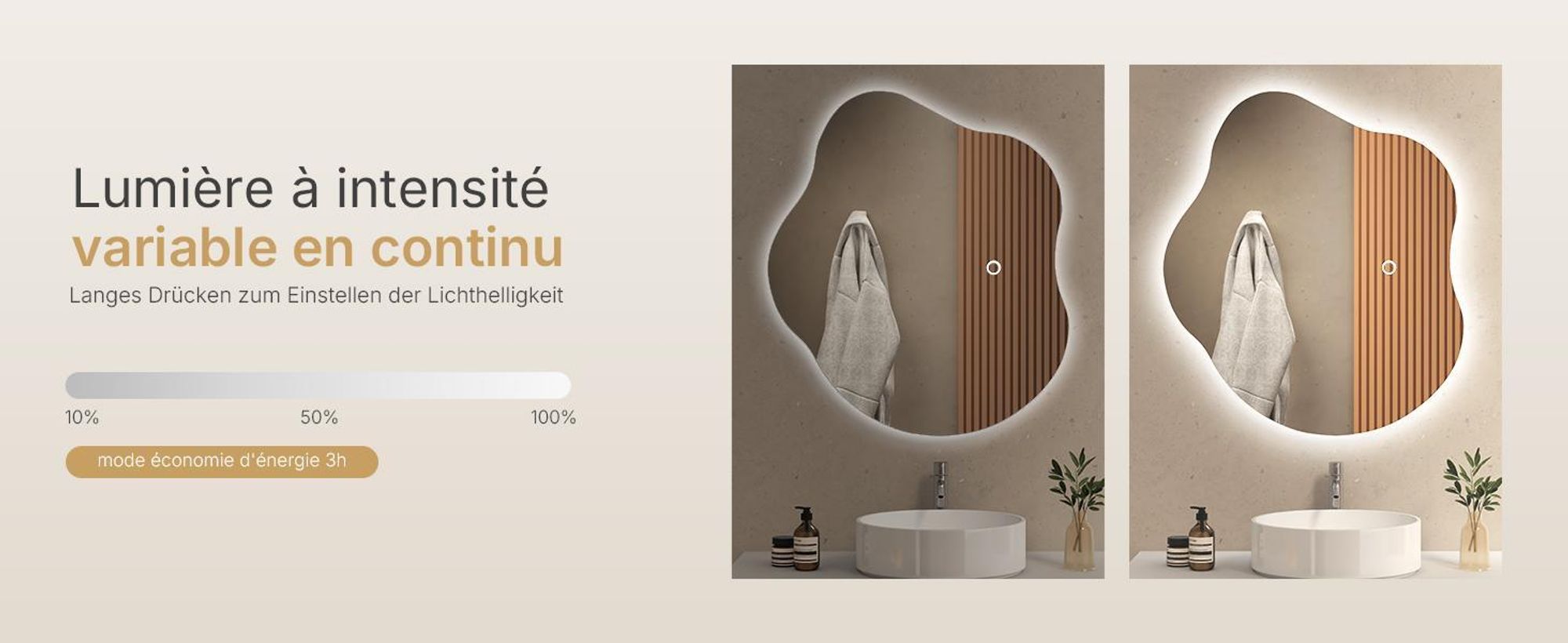 Miroir de salle de bain EMKE LED 60 x 50 cm - Anti-buée - 3 couleurs d'éclairage réglables - Interrupteur tactile - Miroir de salle de bain aux formes organiques avec éclairage