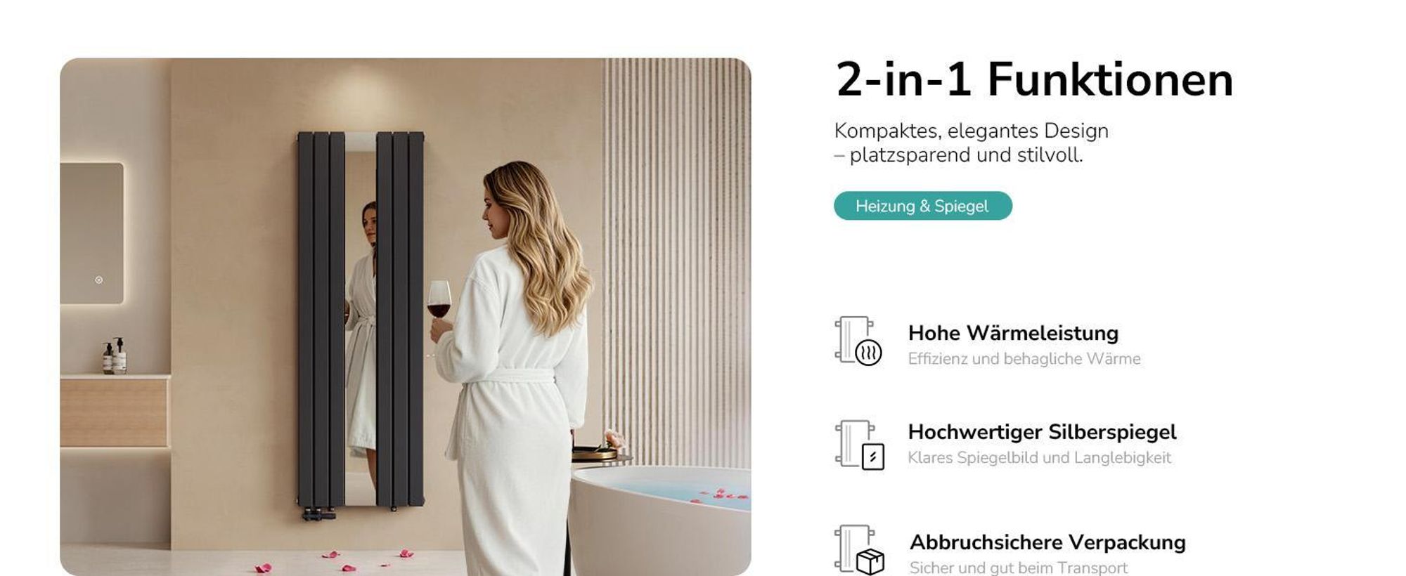 EMKE Designheizkörper mit Spiegel Vertikal 1800x608 mm, Badheizkörper Warmwasser 1788W, Paneelheizkörper Doppellagig, Wandheizkörper Anthrazit