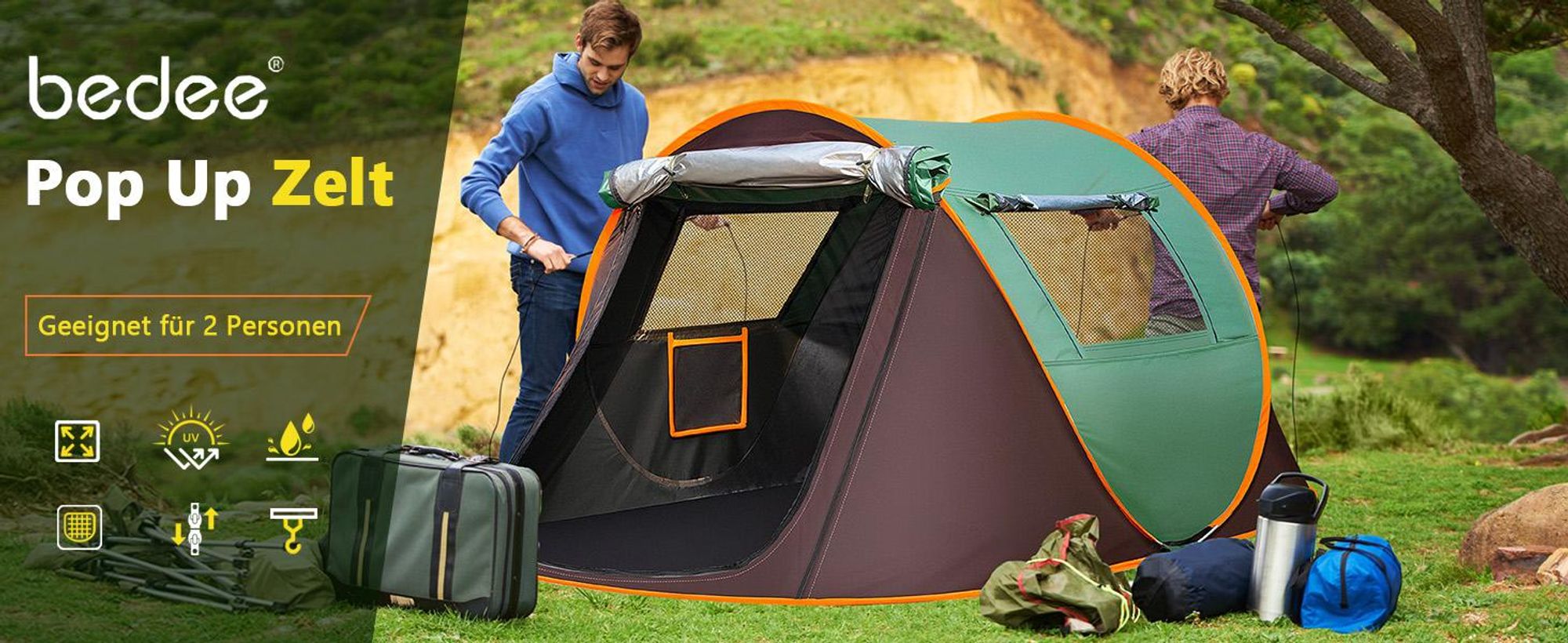 Pop Up Zelt, Wurfzelt für 2 Personen, Campingzelt, Wasserdicht, Trekking und Camping Sofortzelt, mit Heringe, Spannseile, für Familien, Camping