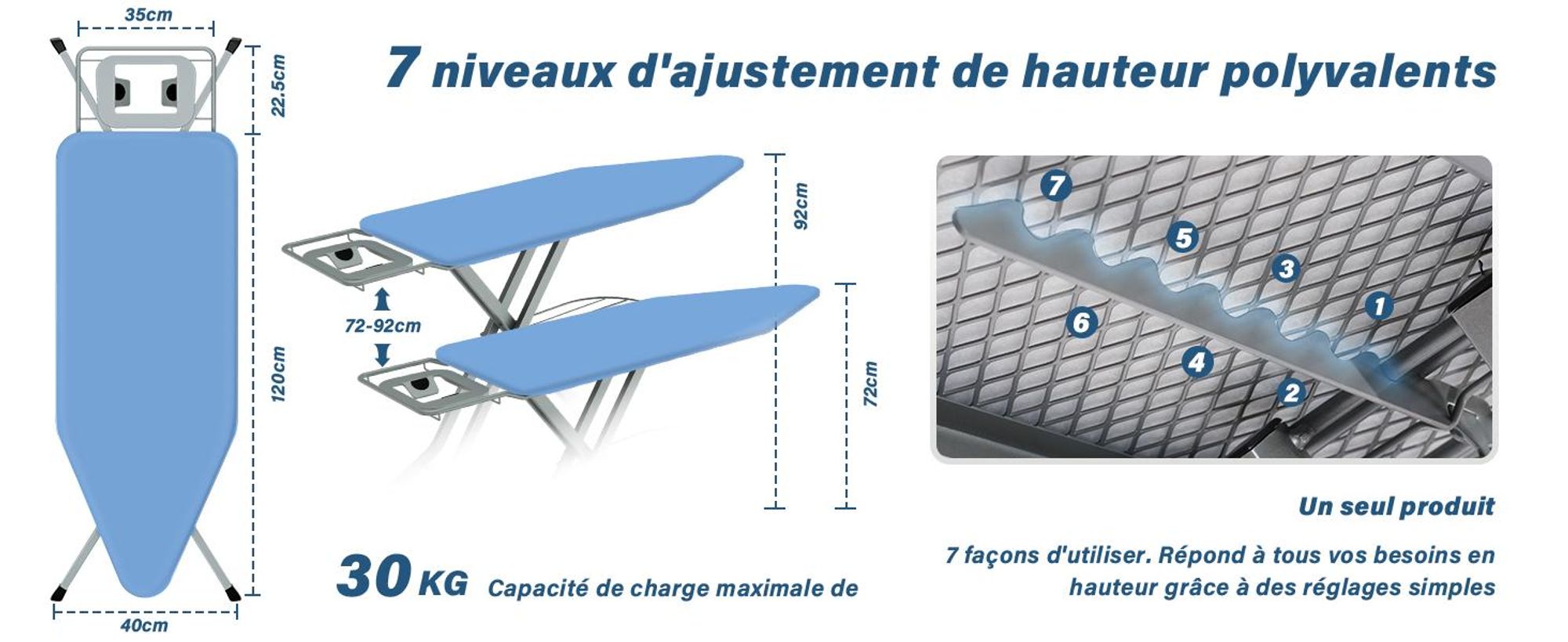 STANEW Table à Repasser 120 x 45 cm,Planche à Repasser Pliable,pour Centrale Vapeur,Système Anti-Fermeture,Hauteur Réglable,avec Housse en 100% Coton