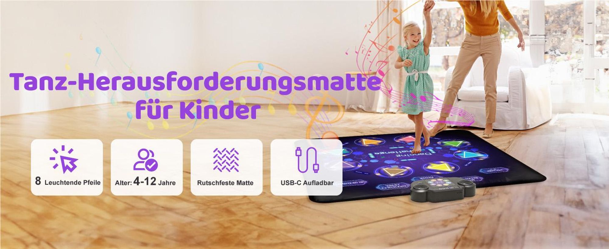 Tanzmatte, Musikmatte, Tanzbodenmatte, Bluetooth, 8 Modi, mit LED-Lichter, Weihnachten Geburtstags Spielzeug, für 4-12 Kinder