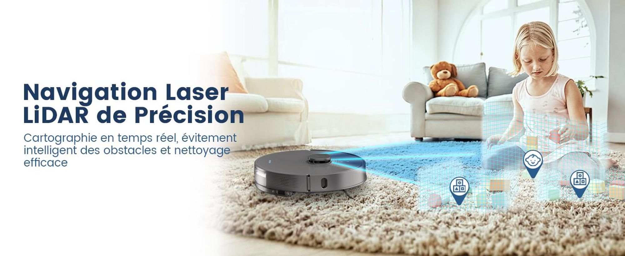 Robot aspirateur AIRROBO L50+ avec fonctions d'aspiration et de lavage, puissance d'aspiration de 10 000 Pa, autonomie de 240 minutes