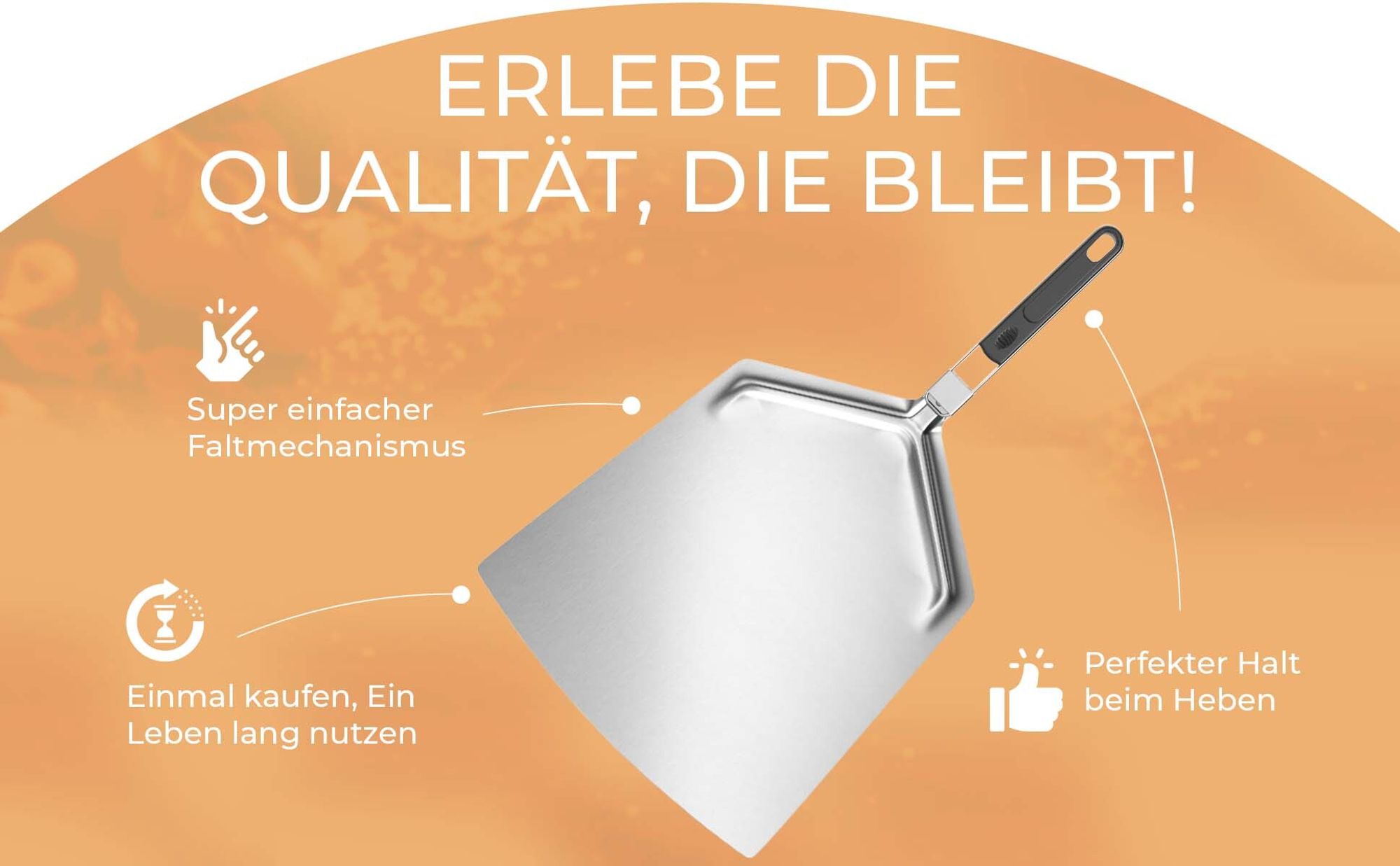 Pizzaschieber Edelstahl - Extra große Schaufel (33 x 38 cm) - Premium Pizzaschaufel mit extrem stabiler Form und praktisch faltbarem Griff - Pizzahebe