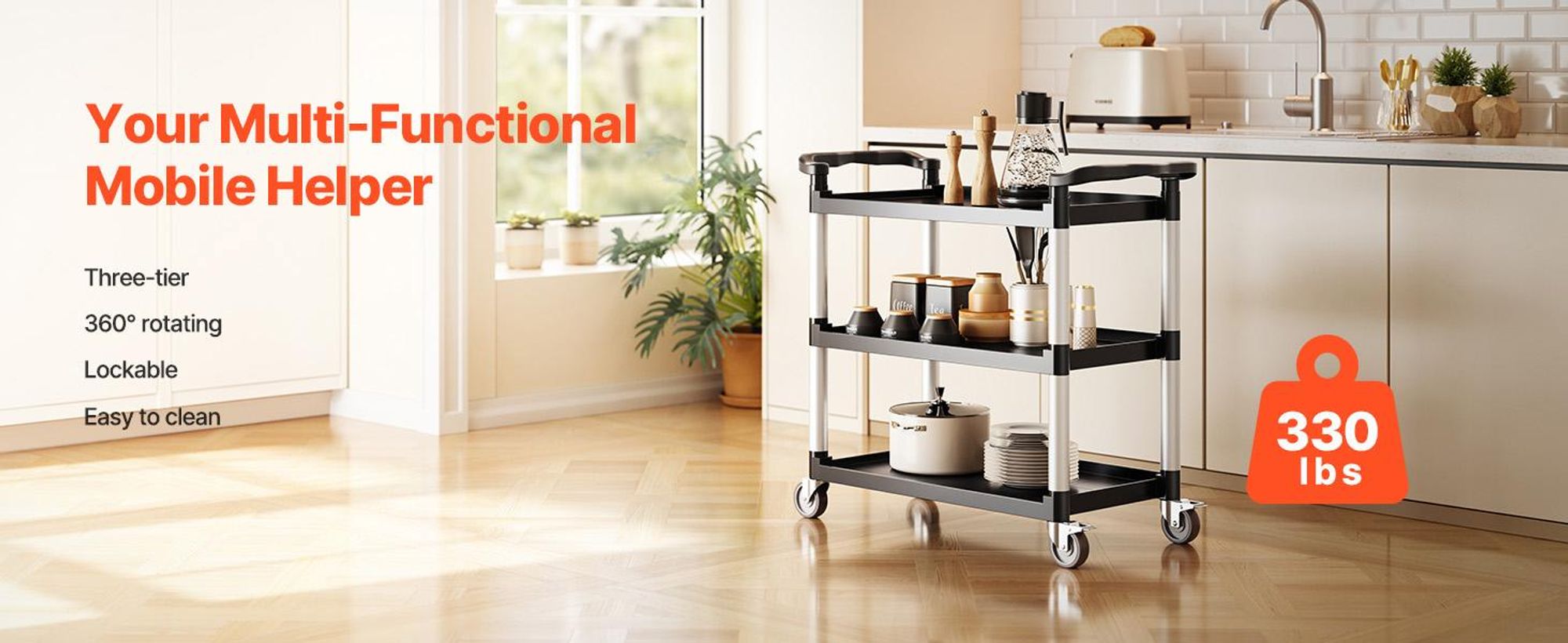 VEVOR Mehrzweckwagen, 226 kg Tragkraft, 3-stufiger Universalwagen aus Kunststoff mit 360° Schwenkrädern (2 mit Bremse), 106x49x98 cm großer Servierwagen für Lager, Büro, Zuhause, Restaurant, Küche