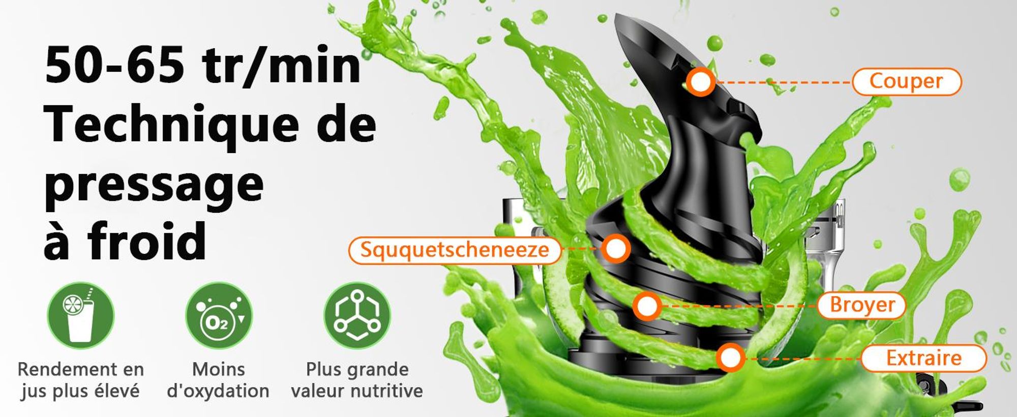 LINKChef SJ-052-EU-BL Centrifugeuse -  250W Puissance 1.8L Grande capacité Pression à froid à vitesse lente (50-65 tr/min) - Noir