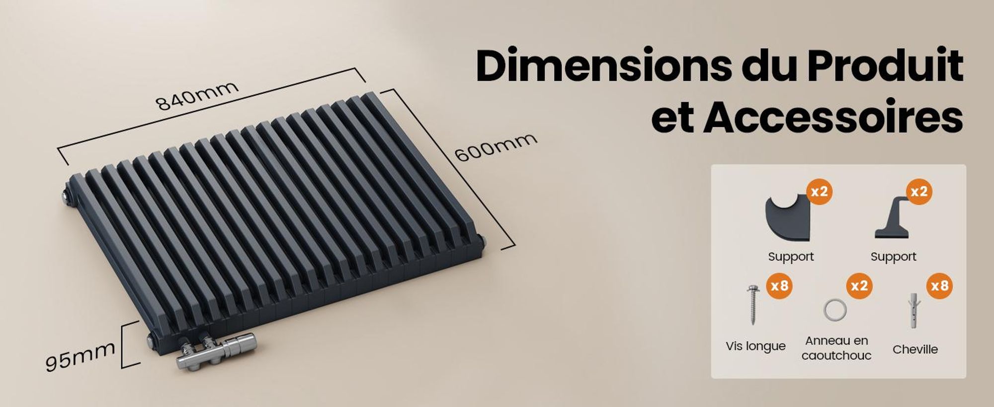 EMKE Radiateur design en forme de D 600x840mm 1383W Red Dot Award Winner Anthracite - Montage horizontal, pour 18,4 m², salle de bain & salon sans radiateur