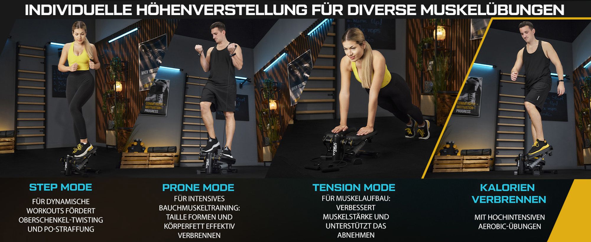 TREX SPORT 2in1 Mini-Stepper mit Expandern TX-070SP Twiz |Trainingscomputer, LCD Display, 150kg Belastbarkeit |Fitnessgerät Treppenstepper für Zuhause