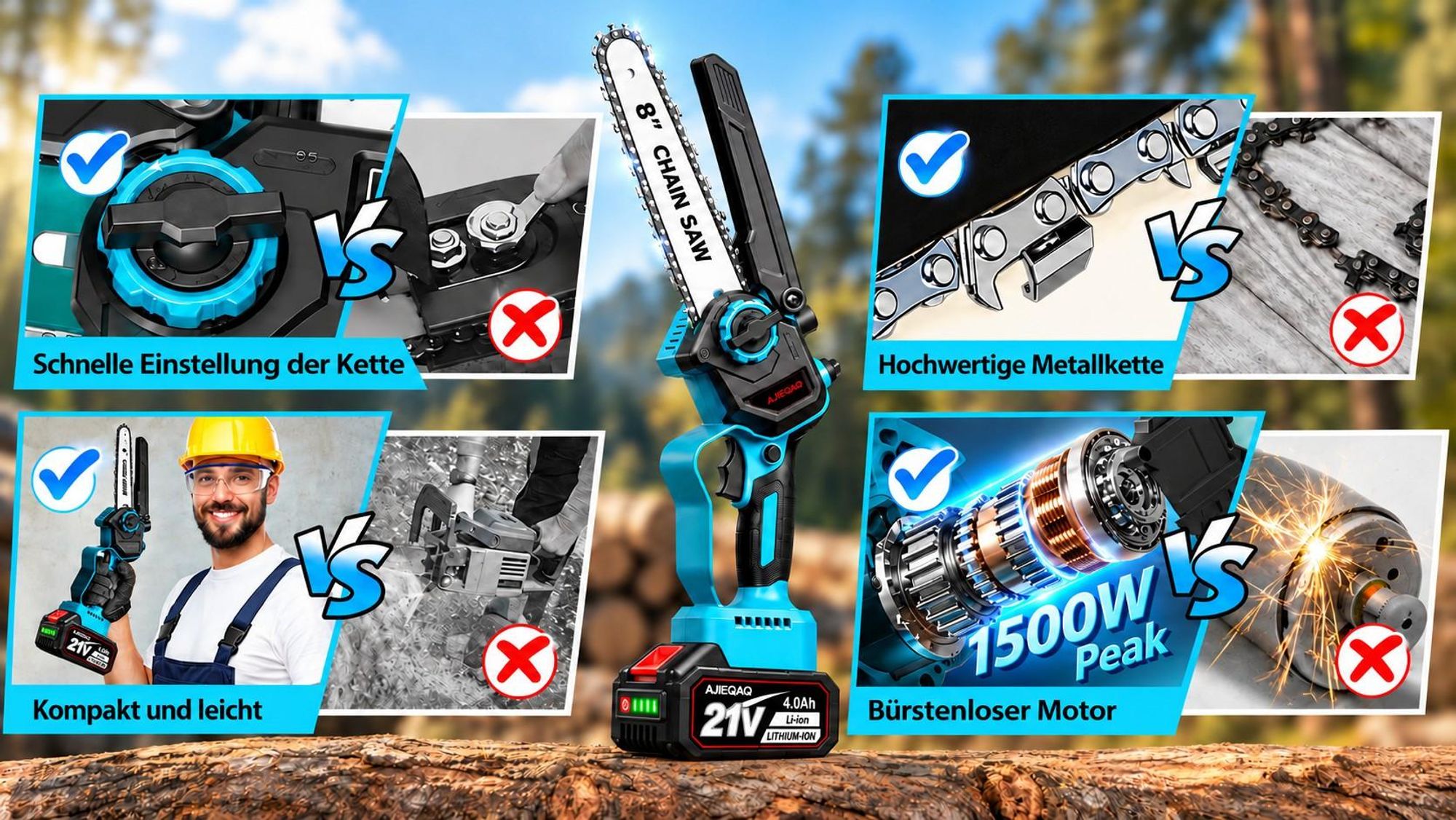 Akku-Kettensäge 6/8 Zoll, 2-in-1 Mini Kettensäge Brushless, 1500W, 2×21V 4,0Ah Akku, Automatische Kettenschmierung, Werkzeuglose Kettenspannung