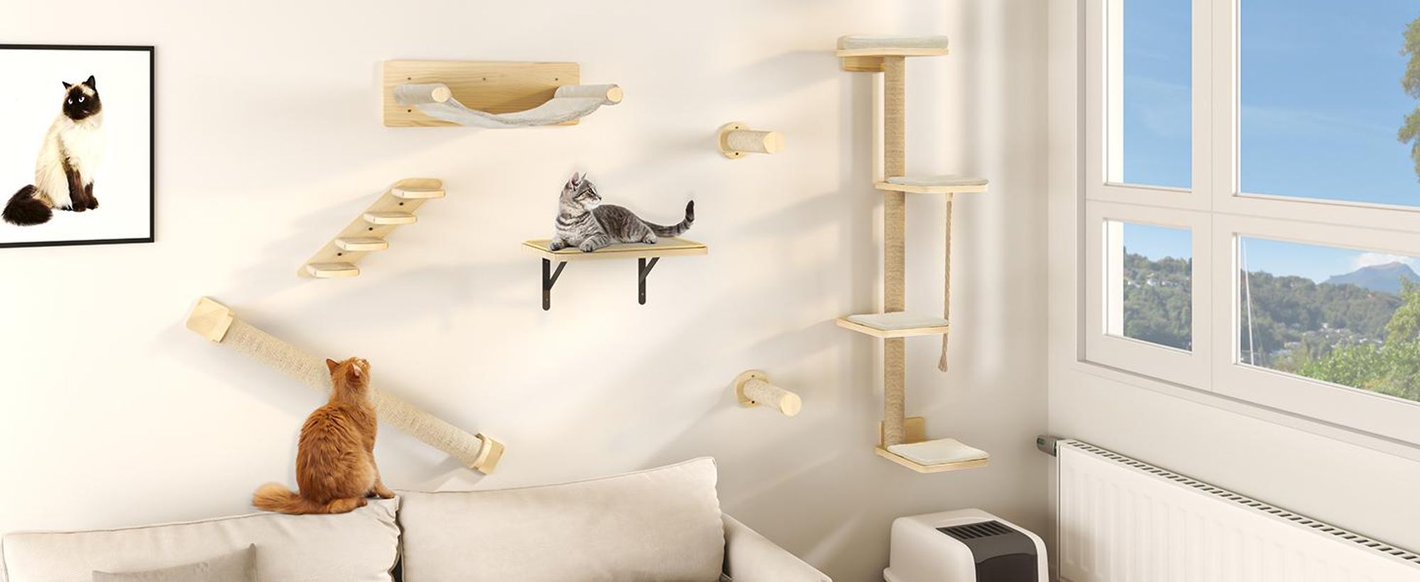 7tlg. Kletterwand katzen set, Katzen-Wandmöbel, mit 3 Kratzbäumen/4 Stufen, Katzentreppe, Hängematte, Katzenbett, Wandmontage