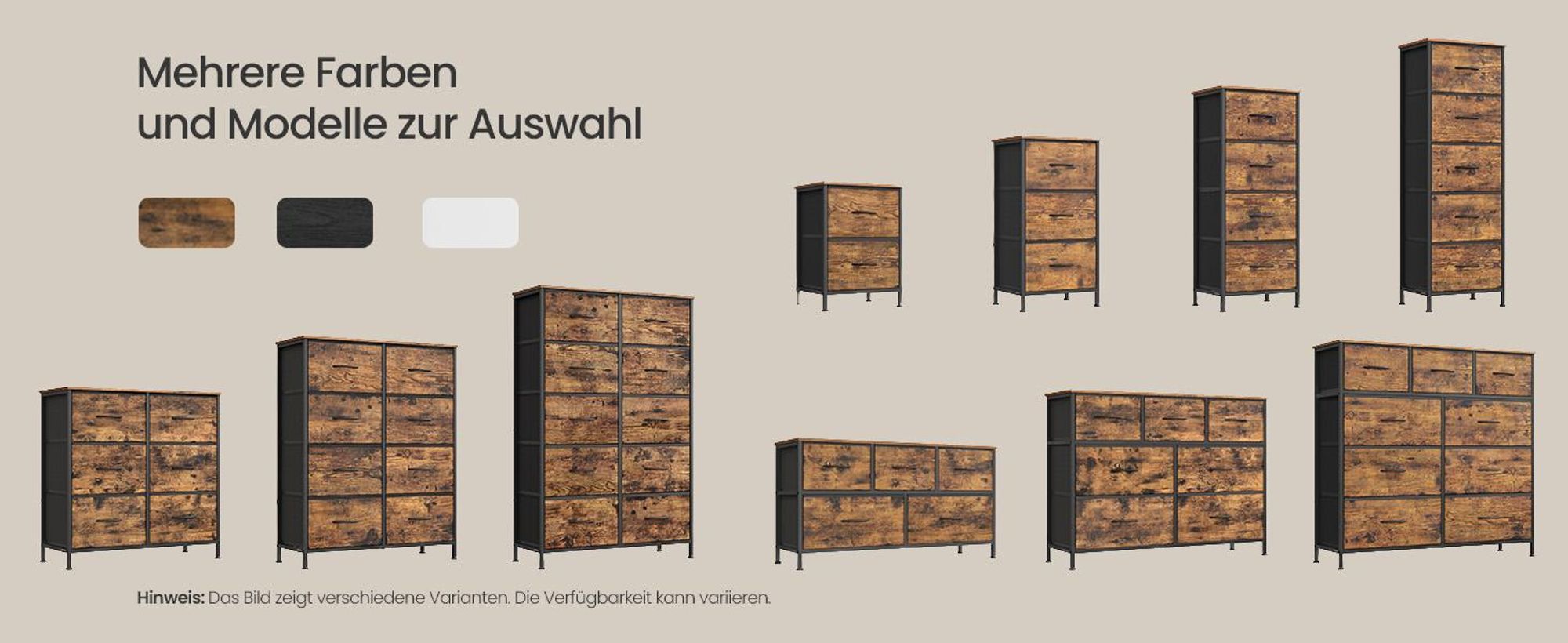 SONGMICS Kommode, Schrank, 10 Stoffschubladen, für Schlafzimmer, Flur, Wohnzimmer, braun-schwarz