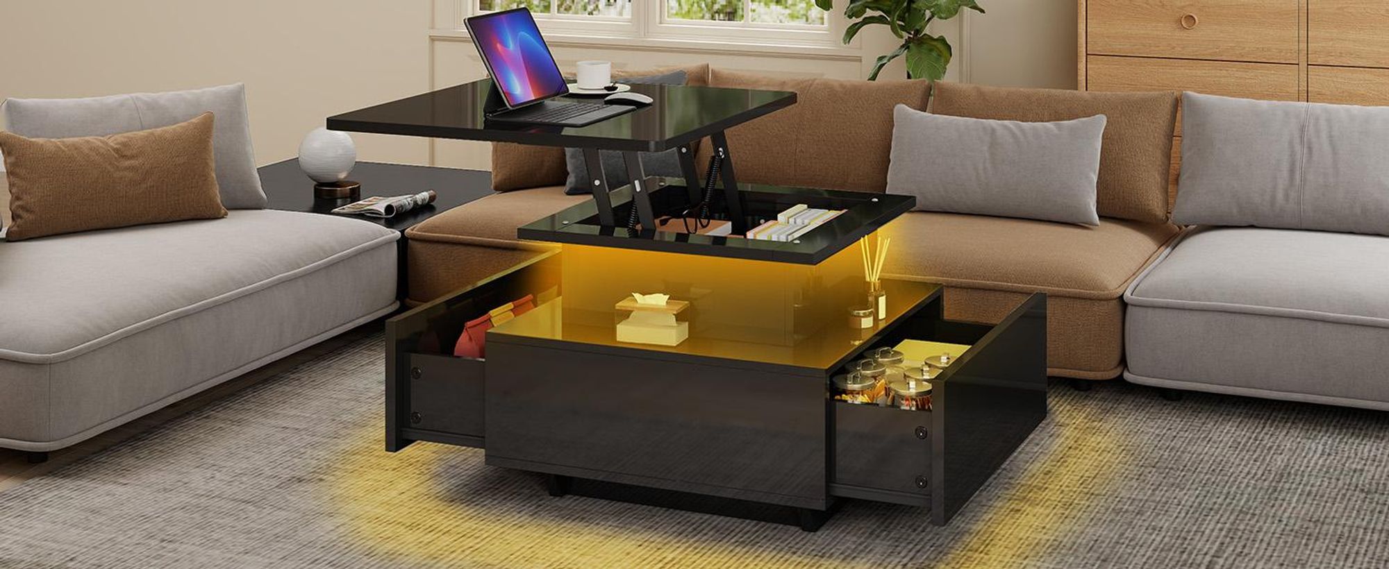 Couchtisch Wohnzimmertisch Höhenverstellbar, 60x60x45cm, Beistelltisch mit LED-Beleuchtung, 2 Schubladen, Schwarz