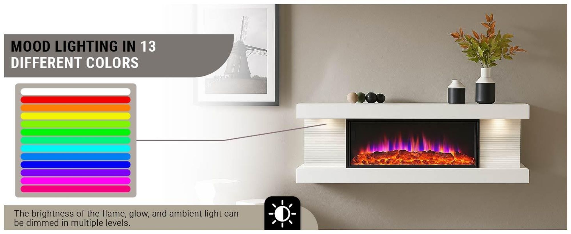 Elektrický krb BALDERIA Lumina – nástenný krb – biely