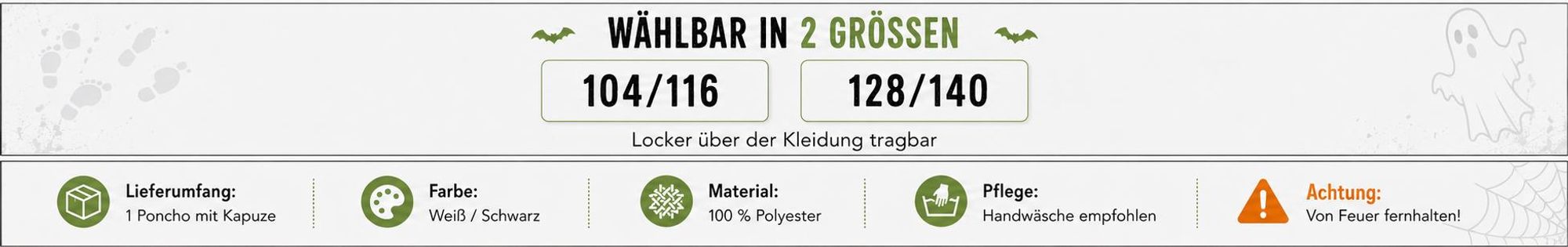 Kinderkostüm Geister-Poncho weiß – Kostüm mit Kapuze (104/116)