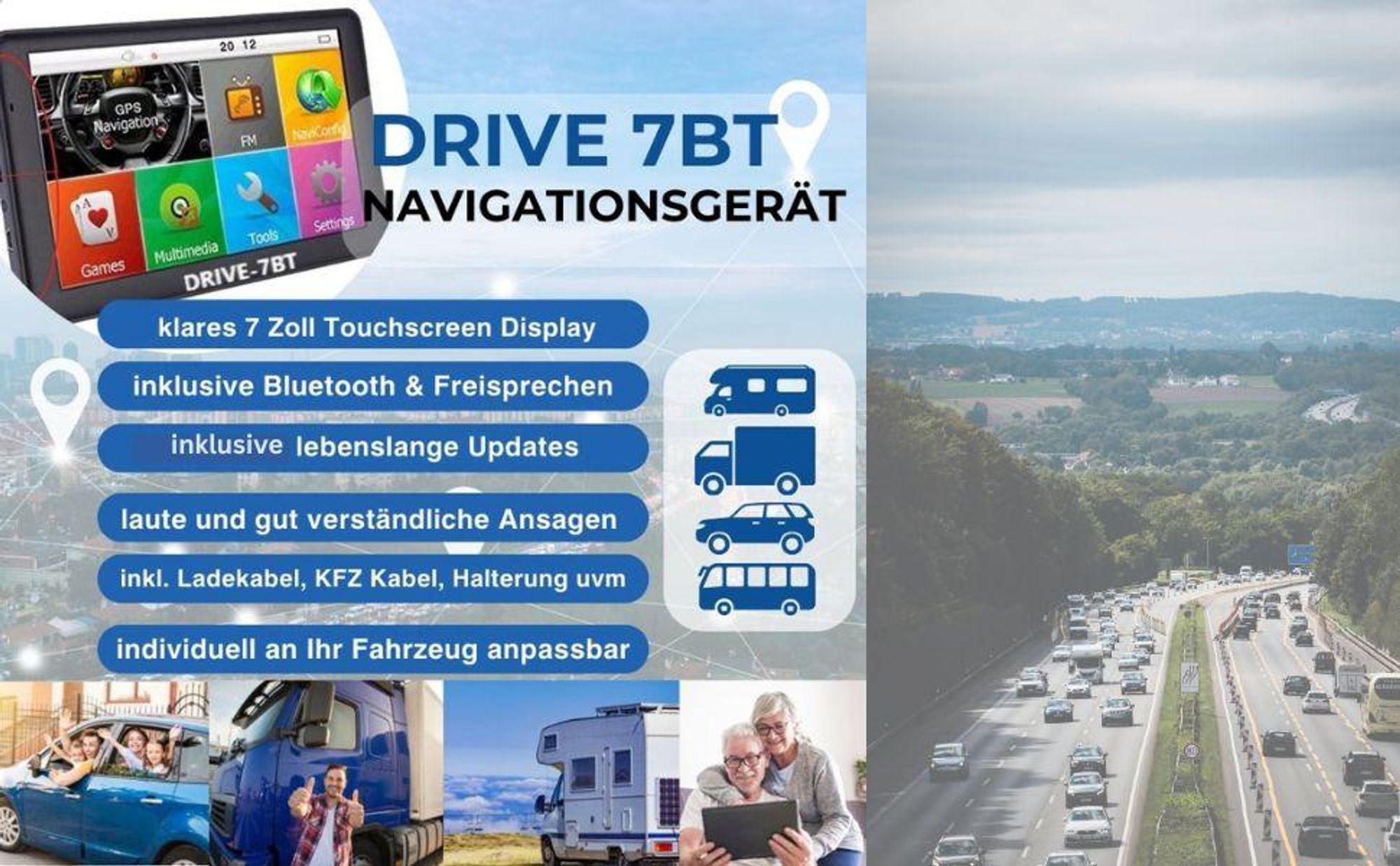 DRIVE-7BT GPS Navi 7 Zoll mit Europa-Karten, Bluetooth, Freisprechfunktion, LKW/PKW/Wohnmobil
