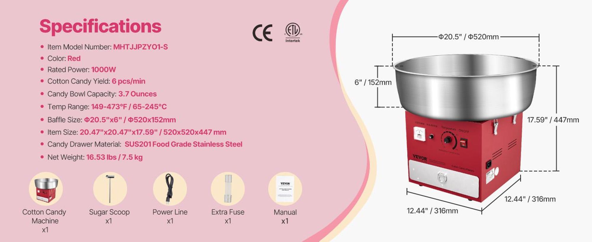 VEVOR Gewerbliche Zuckerwatte Maschine Zuckerguss Maker 1000W für Party Rosa, N-d, Gerade Oberfläche-c