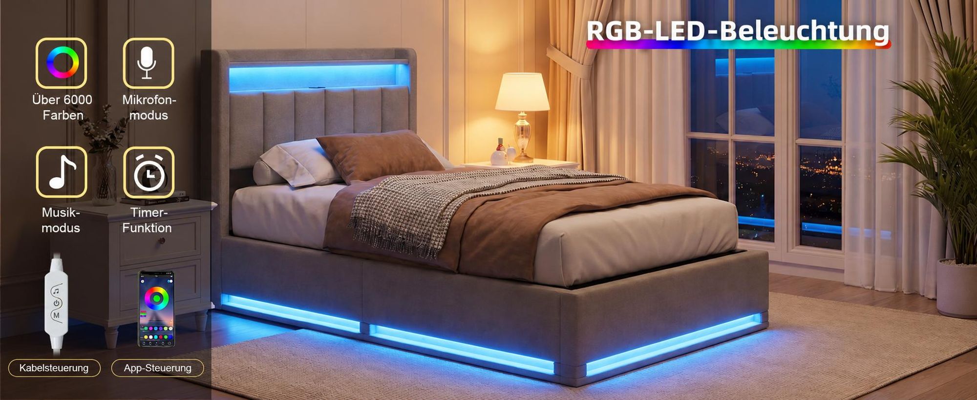 Polsterbett 90x200cm mit Stauraum, Jugendbett 90x200 cm, Bett mit Hydraulik Bettkasten, LED, USB, Kopfteil & Lattenrost, Velours Grau, ohne Matratze