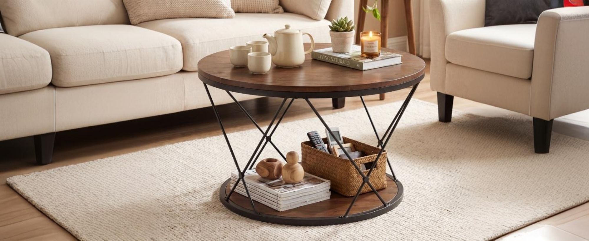 Tribesigns Runder Couchtisch 80 cm, Industrial Massivholz Kaffeetisch mit unterem Regal, platzsparend für Wohnzimmer, Rustikales Braun + Schwarz