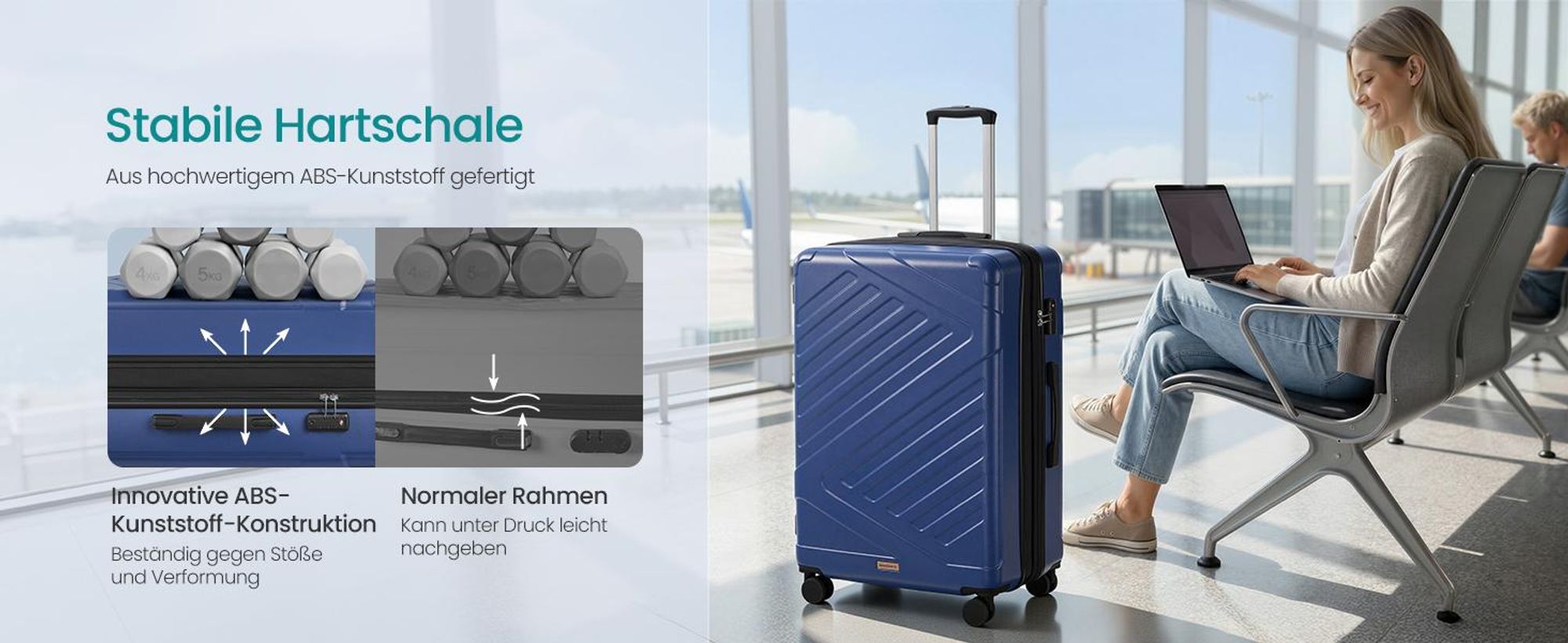 SONGMICS Koffer, Hartschalenkoffer mit TSA-Schloss und Koffergurt, erweiterbar, XL, 75 cm, für Urlaub, 4 Rollen, blau