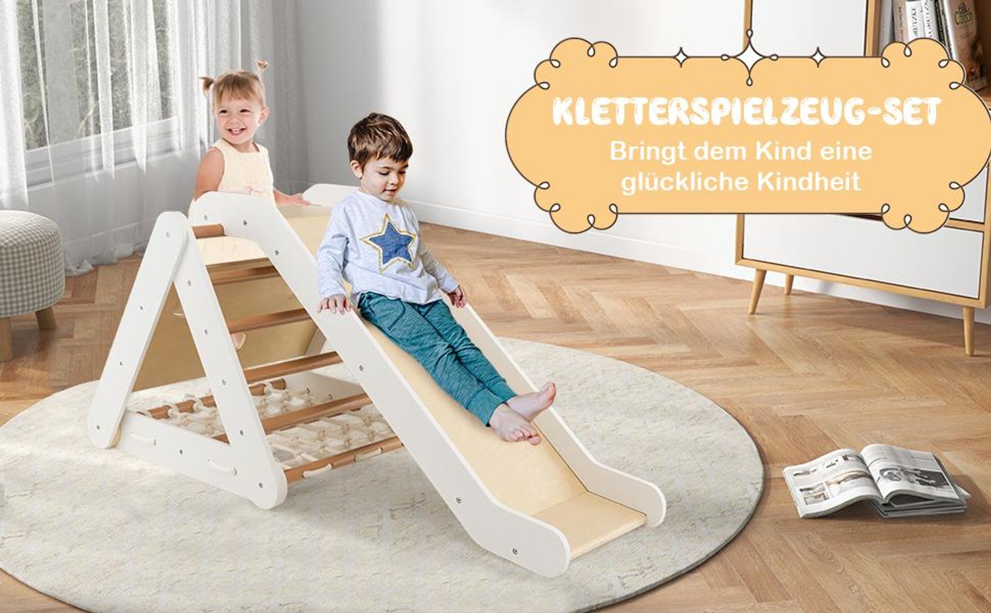 COSTWAY 4in1 Kletterdreieck indoor mit Rutsche&Klettern, Klettergerüst aus Holz, Sprossendreieck, Kletterspielzeug Kletterdreiecken für kinder 1+Grau
