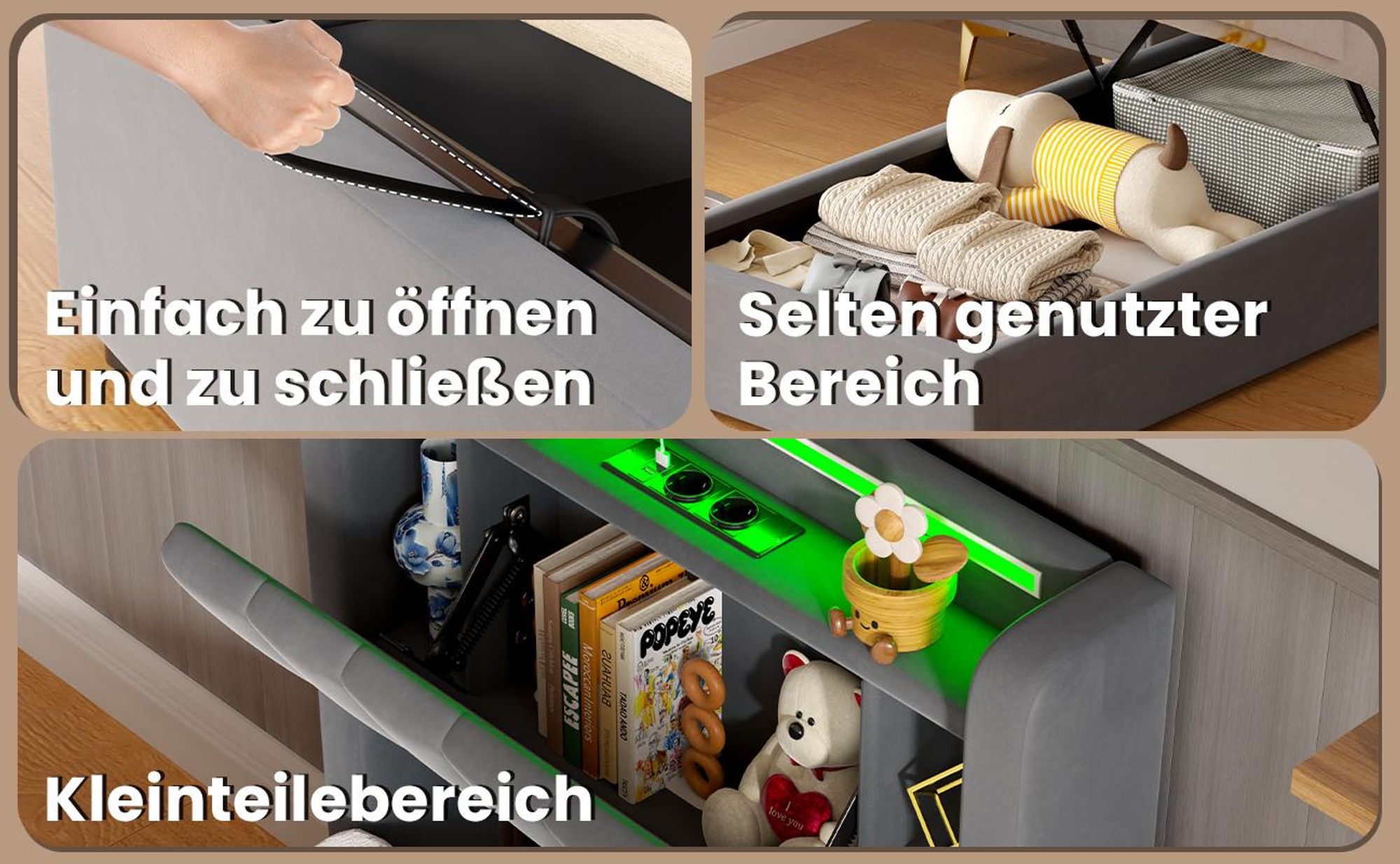 MODFU Boxspringbett Jugendbett 90x200 mit LED und Steckdosen,Polsterbett mit Bettkasten,Stauraumbett,ohne Matratze,Grau