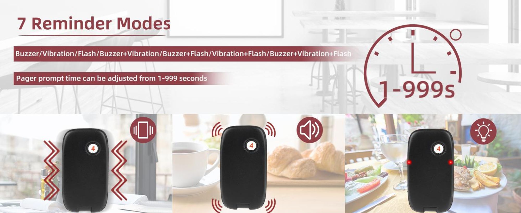 Bezdrátový pagerový systém Retekess TD175, pagerový systém pro restaurace, dosah 800 m, vibrace, okamžitě připraven k použití bez párování, 7 režimů vyzvánění, pro jídelní vozy a bary