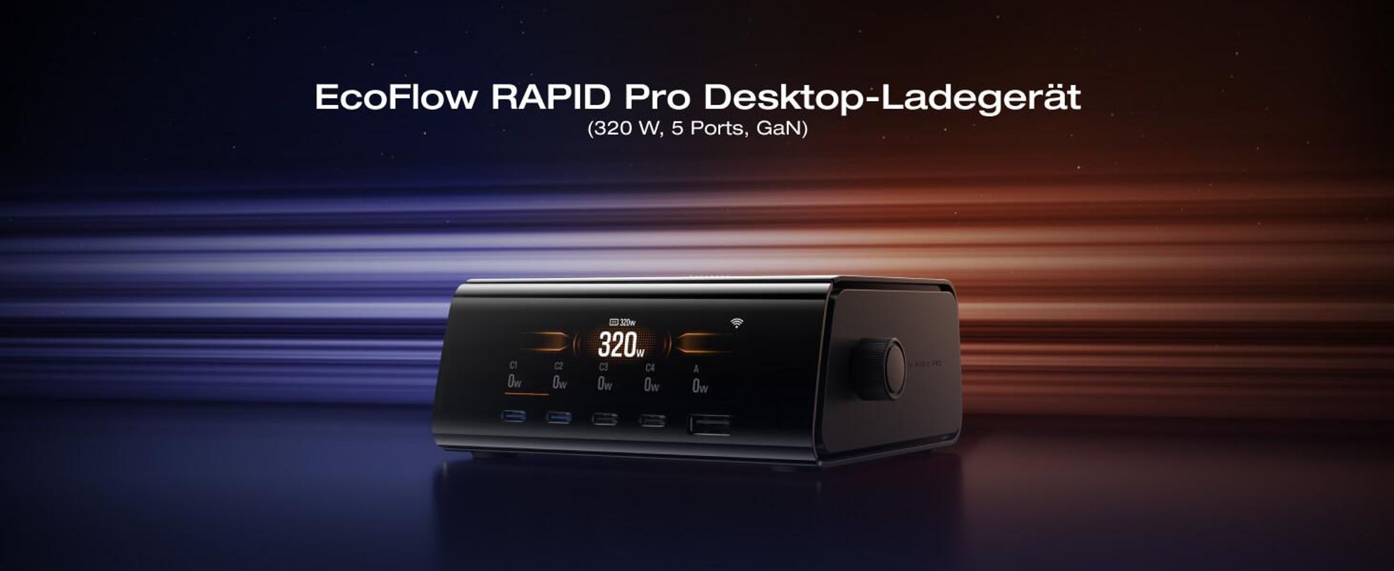 EF EcoFlow RAPID Pro Ladegerät 320W Max., 5 Anschüusse, GaN Ladestation für 6 Geräte, Pogo-Pin für EcoFlow RAPID Pro Powerbank, Desktop-Ladegerät