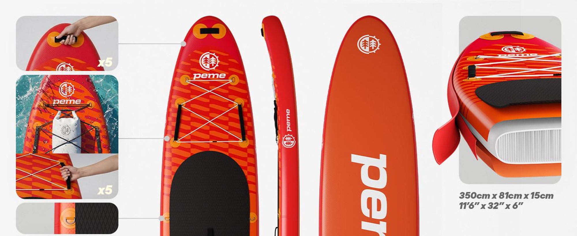 PEME Stand Up Paddle Board - Sunset Orange -  350 cm - Dopple Paddel und komplette Zubehöre, SUP, Surfboard aufblasbar, bis 166 Kg,- Rot &Orange