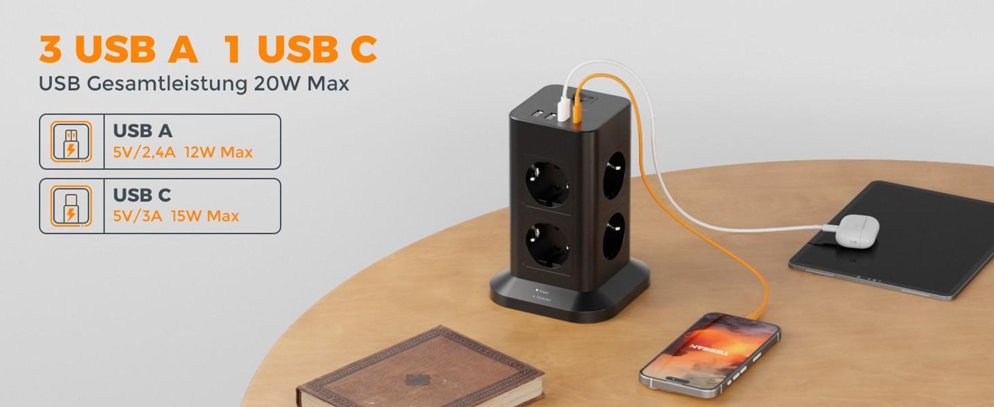 TESSAN 8 Fach Mehrfachsteckdose mit 1 USB C 3 USB A Verlängerungskabel 2M für Zuhause 3600W