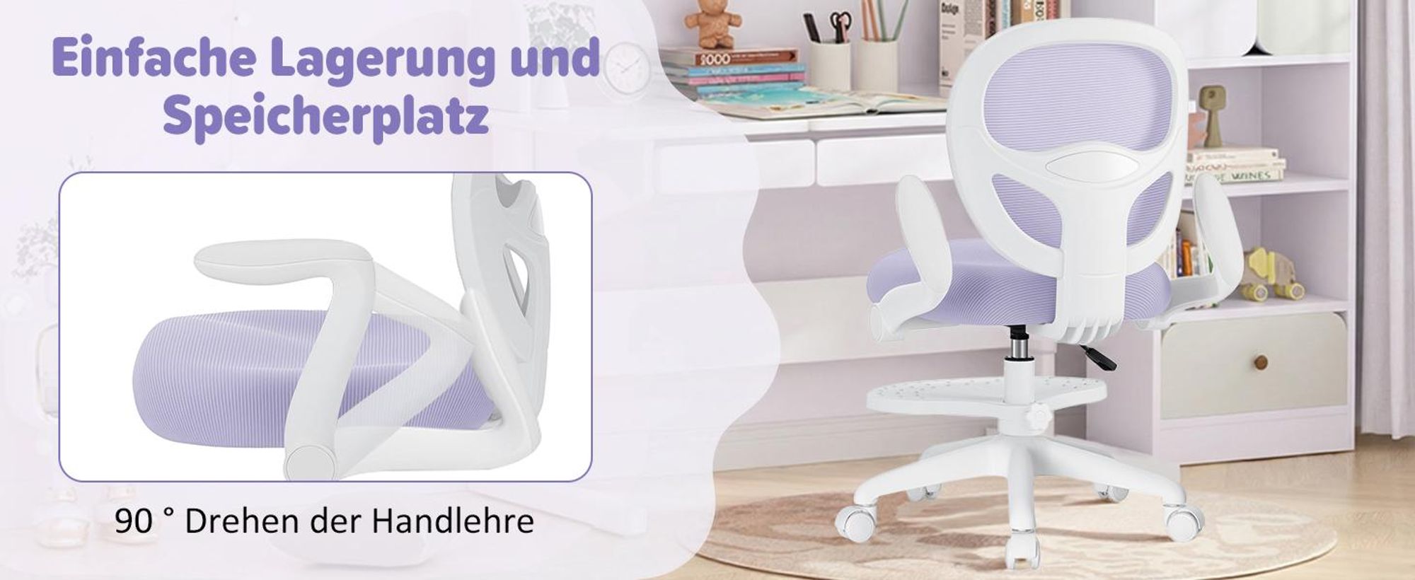 HOFFREE | Kinder Schreibtischstuhl Ergonomischer Kinderdrehstuhl | Fußablage | Höhenverstellbar | klappbaren Armlehnen | Lila