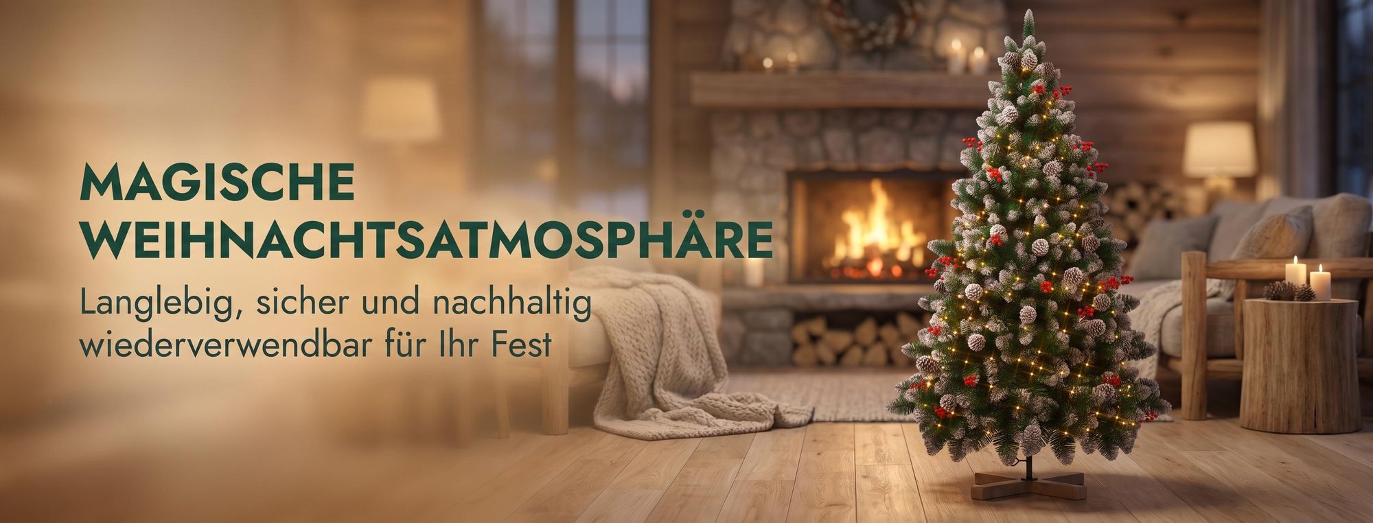 LARS360 Künstlicher Weihnachtsbaum 150 cm mit Holzständer, Schnee-Effekt, Tannenzapfen und roten Beeren, grüner Weihnachtsbaum für Weihnachten