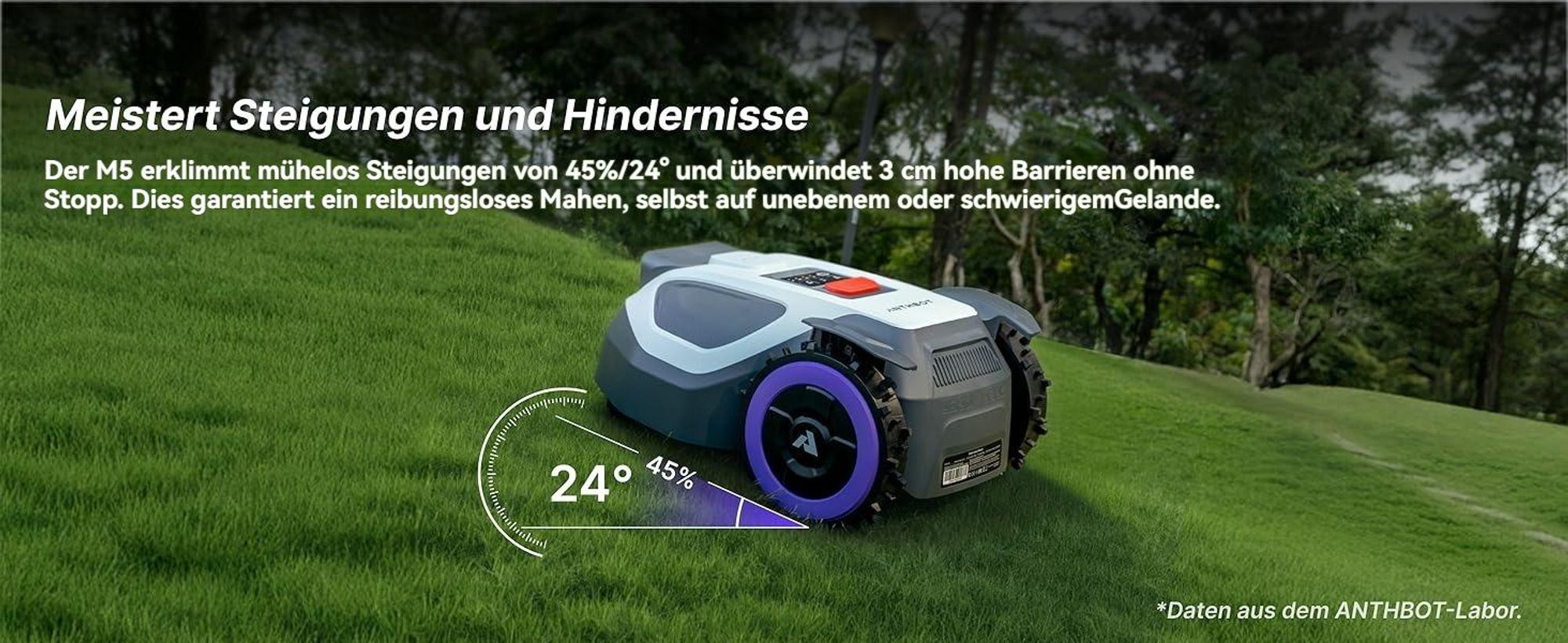 ANTHBOT M5 Mähroboter ohne Begrenzungskabel, RTK-Navigation, 150°KI-Kamera, App-Steuerung, für Gärten bis 500 m², inkl. 3 Monate NRTK-Service