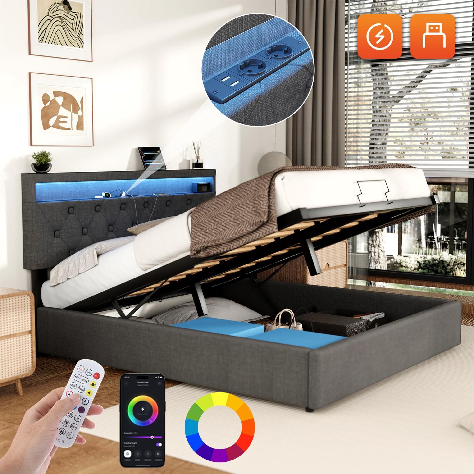 OYAJIA  Polsterbett 160x200cm mit Ladefunktion (USB&Typ-c), Jugendbett Doppelbett Stauraumbett mit LED, Hydraulisches Boxspringbett, Leinen, Grau