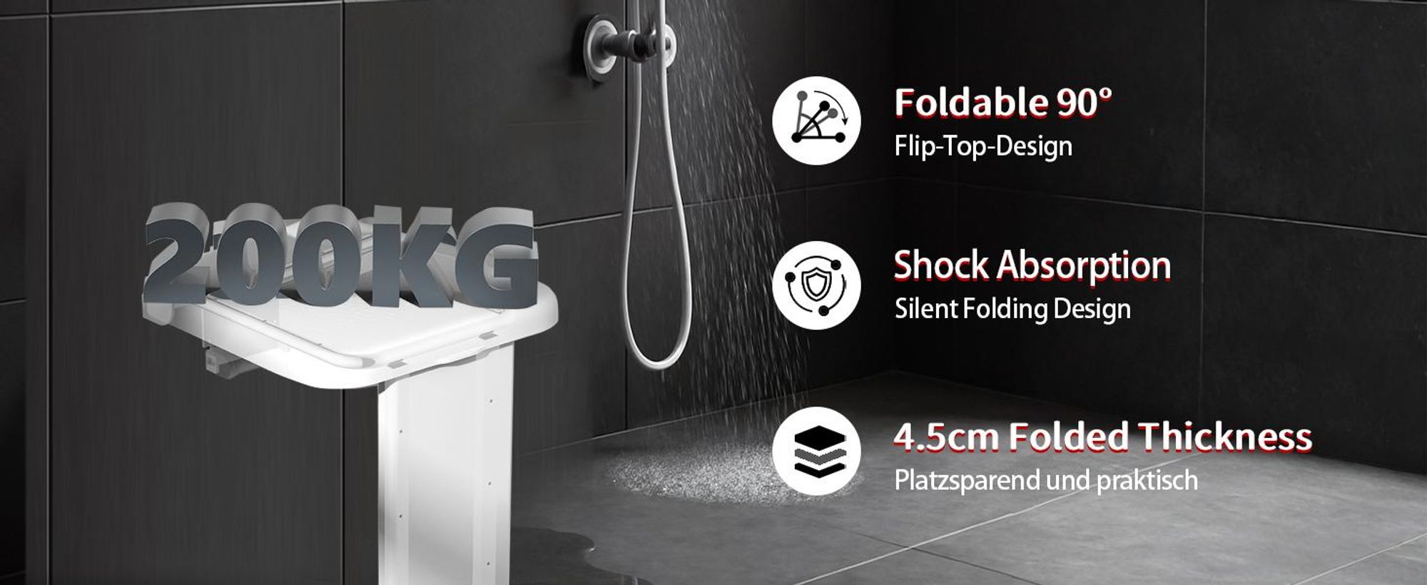 HEUFFE Duschsitz Klappbar Wandmontage， Duschklappsitz Klappsitz Dusche bis 200kg Badestuhl Duschhocker-Badhocker Hocker Duschstuhl für Senioren, Weiß