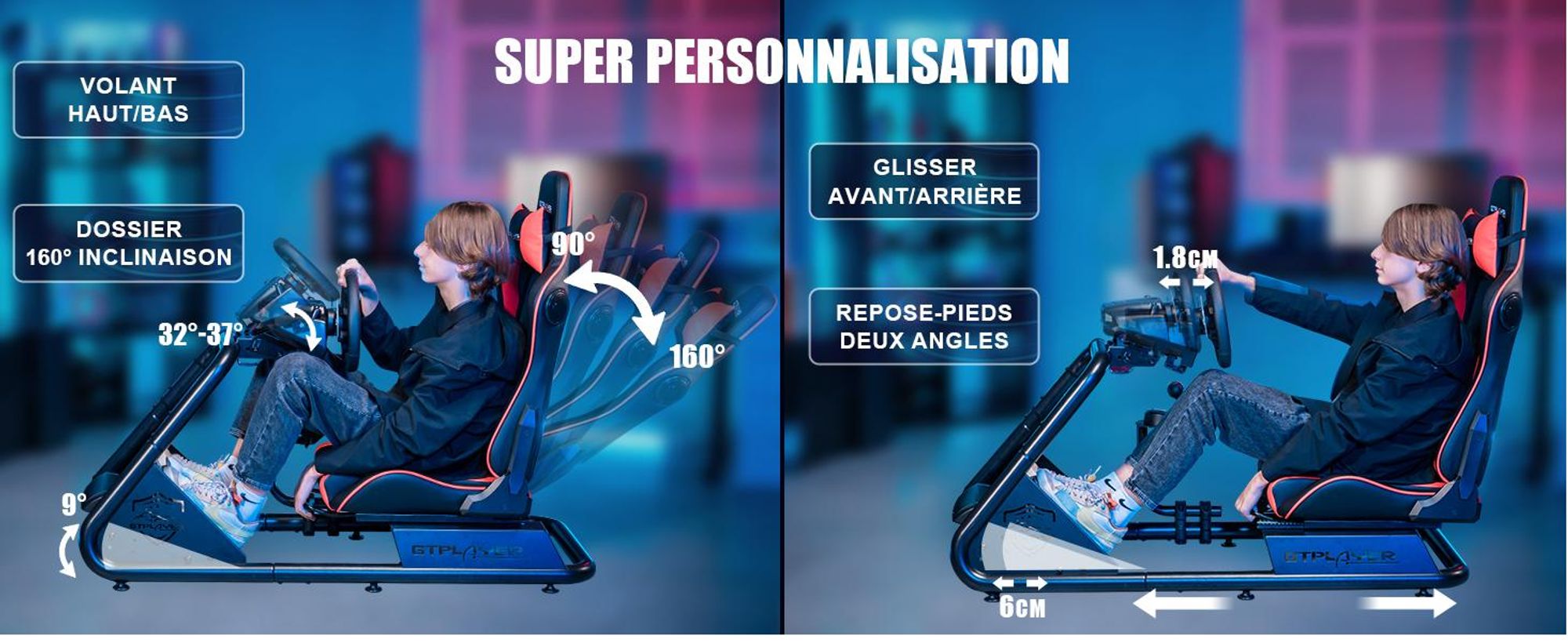GTPLAYER simulateur de cockpit, SIM racing cockpit, simulateur de course support de volant fauteuil gaming racing wheel stand avec haut-parleur bluetooth et repose pédale