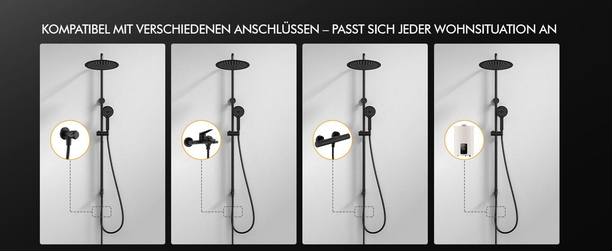 Homelody Duschsystem ohne Armatur, Duschset Duschsäule mit SUS 304 Edelstahl 30cm kopfbrause & Handbrause Rund, 3 Strahlarten, Schwarz
