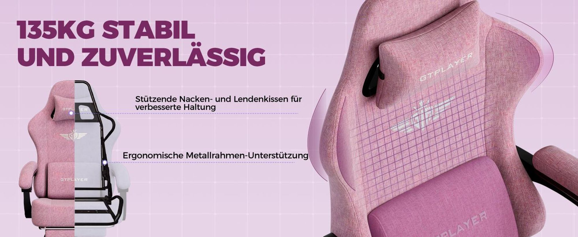 GTPLAYER Gaming Stuhl Ergonomischer Gaming Sessel Schreibtischstuhl Bürostuhl mit Stoffoberfläche Federsitzkissen, Verbindungsarmlehnen, mit Fußstütze