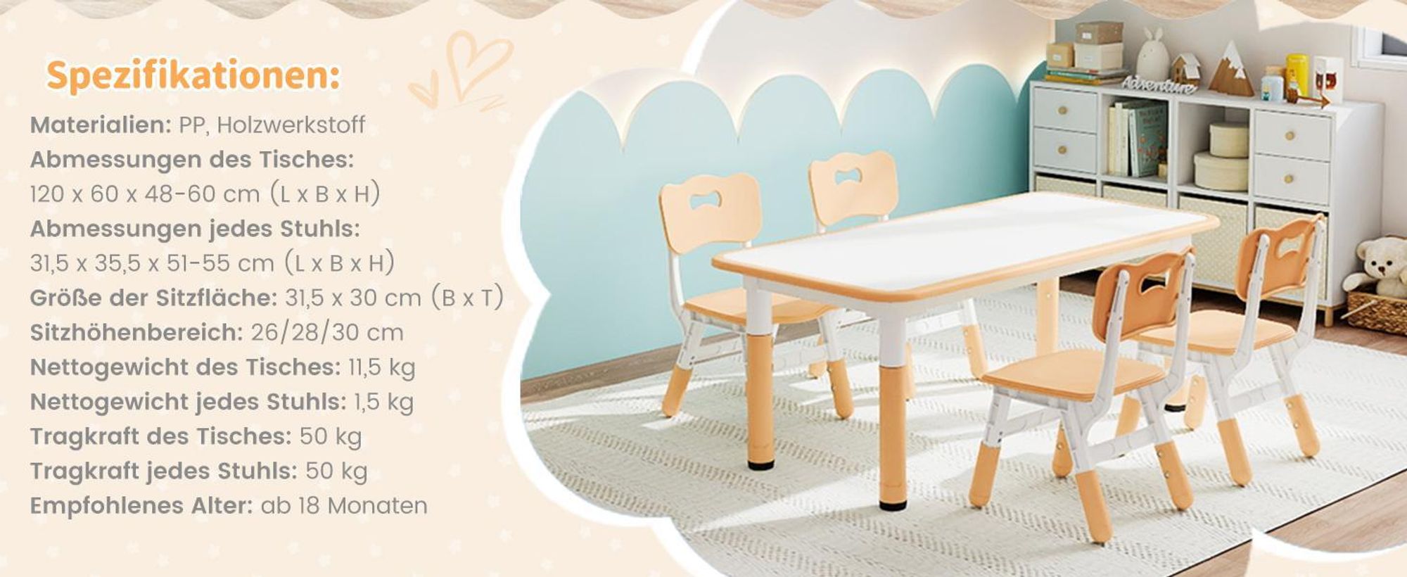 GOPLUS Kindertisch Set mit 4 Stühlen, Schreibtisch höhenverstellbar mit Graffiti-Tischfläche 120x60cm, Kindertischgruppe ab 18 Monate