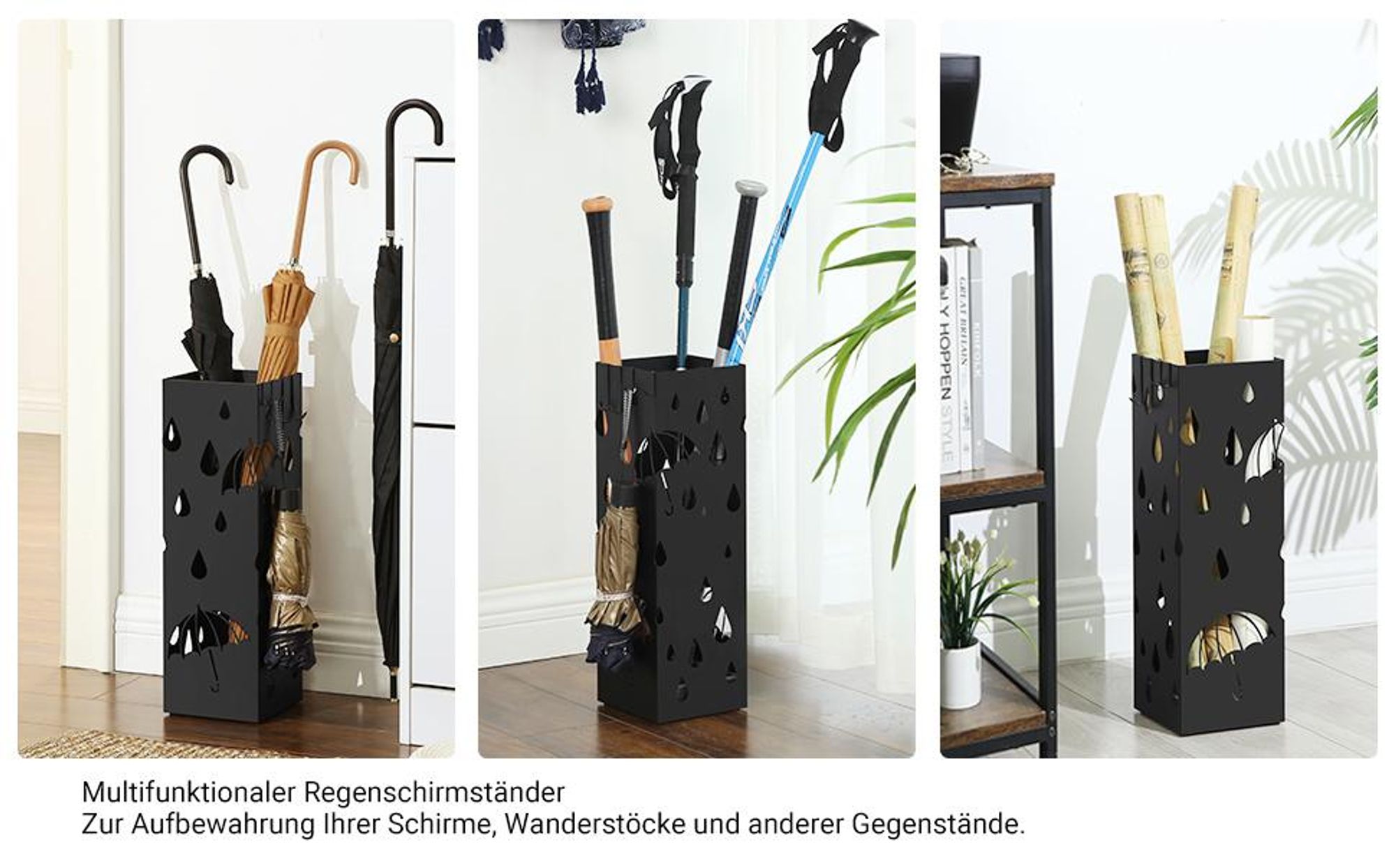 SONGMICS Ø 15,5 x49cm Schirmständer 2 Haken Metall Regenschirm Wasserauffangschale schwarz werdern verschenkt rechteckig LUC49B